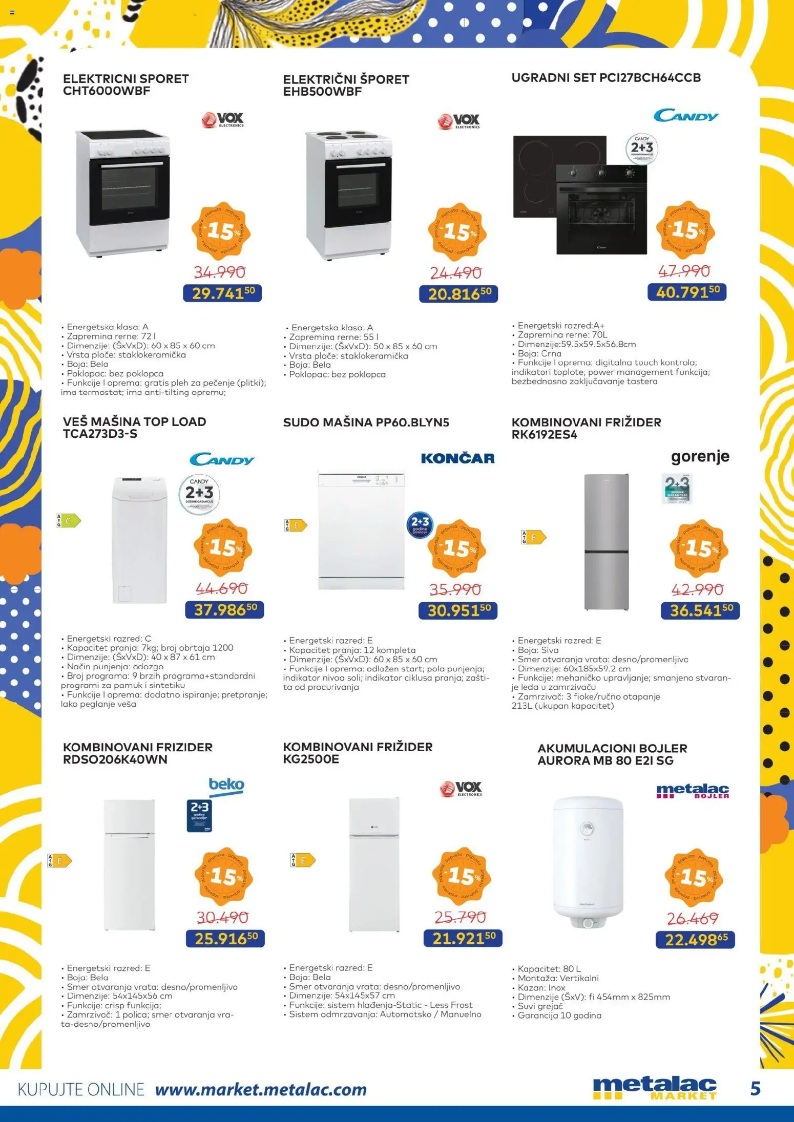 Metalac Market katalog - važi od 01.11.2025 | Strana: 5 | Proizvode: Frižider, Zamrzivač, Veš mašina, Šporet