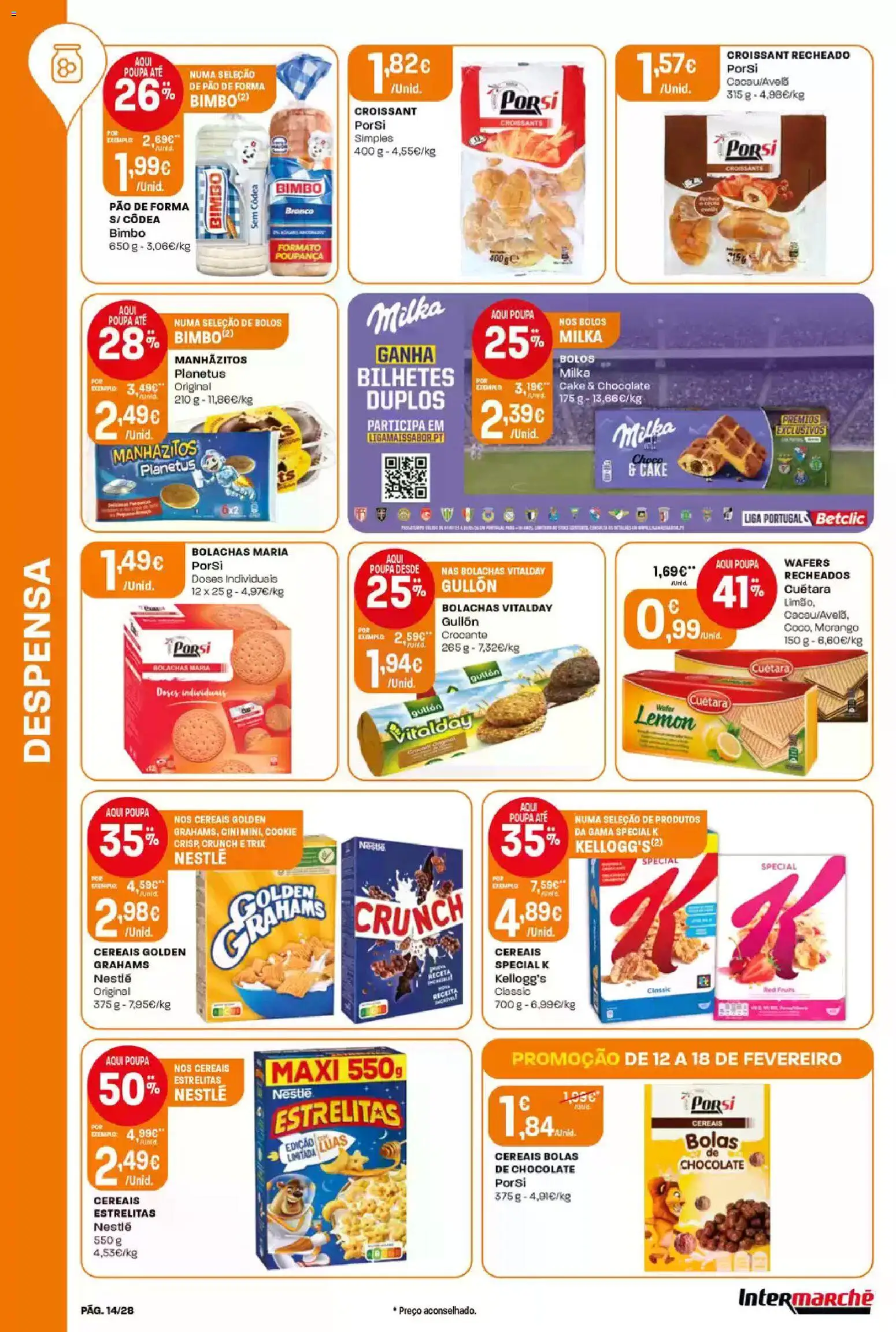 Intermarché Folheto Contact │ válido de 12.02.2026 | Página: 14 | Produtos: Pão de forma, Bolachas, Pão, Chocolate