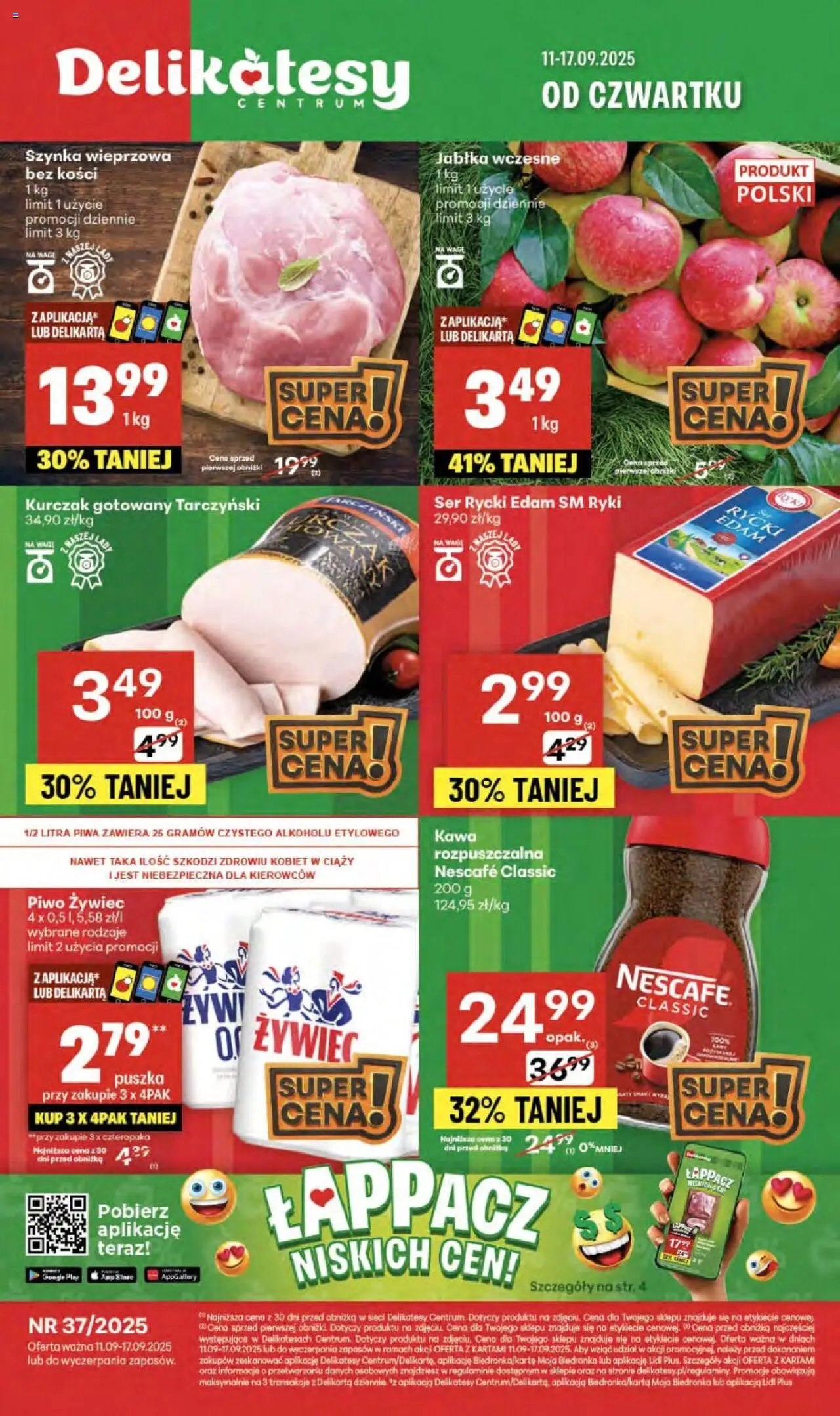 Delikatesy Centrum Gazetka od 11.09.2025 | Strona: 1 | Produkty: Kurczak, Szynka wieprzowa, Kawa, Piwo