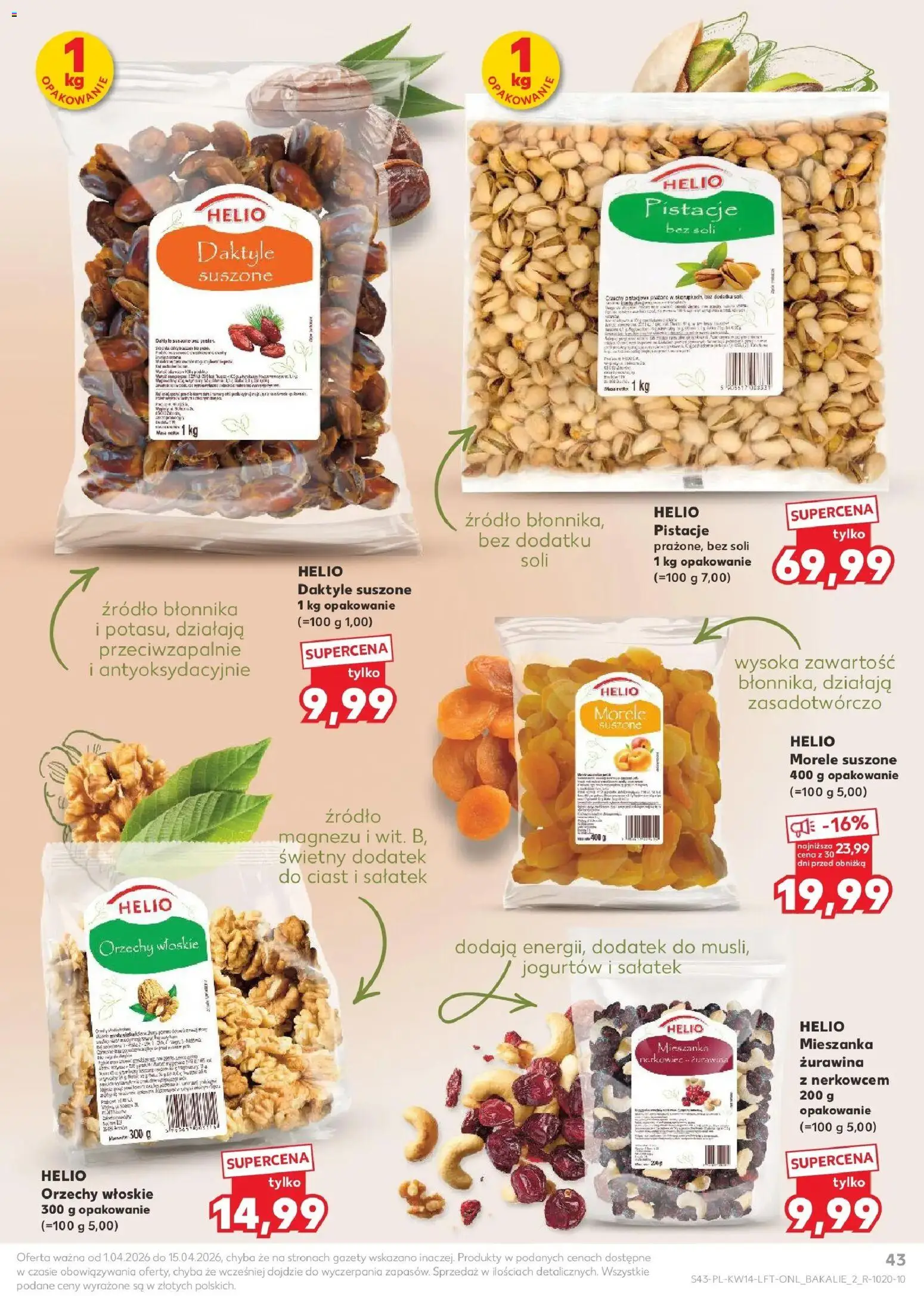 Kaufland gazetka od 01.04.2026 | Strona: 43 | Produkty: Daktyle, Morele, Żurawina, Orzechy