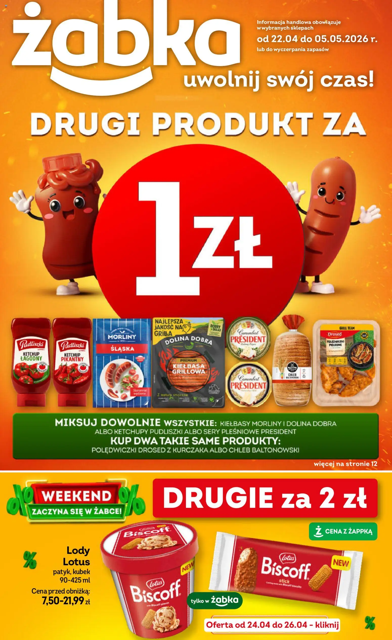 Żabka gazetka od 22.04.2026 | Strona: 1 | Produkty: Kiełbasa, Ketchup, Kiełbasy Morliny, Sery pleśniowe