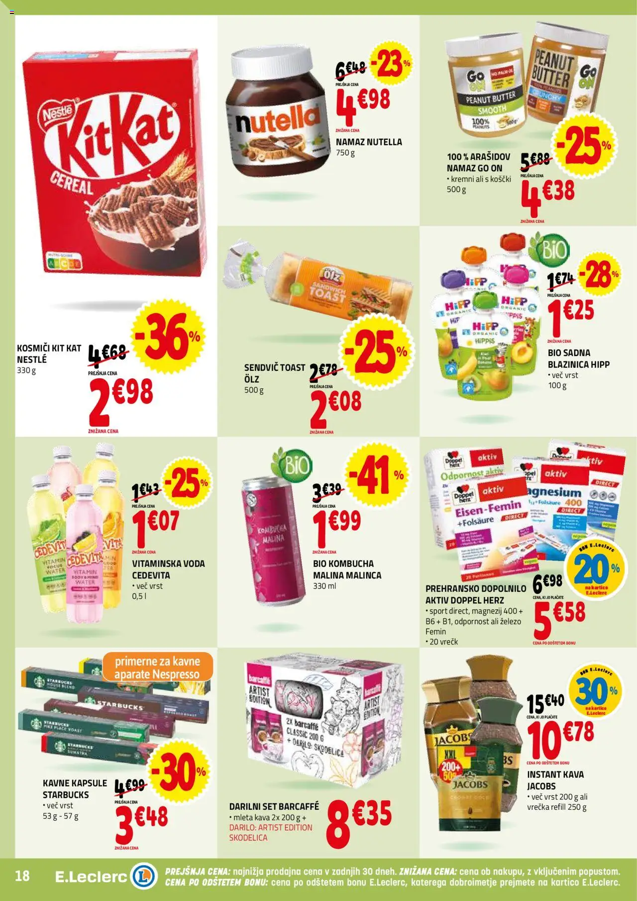 E.leclerc katalog │ velja od 02.07.2025 | Stran: 18 | Izdelki: Instant kava, Kavne kapsule, Kosmici, Voda