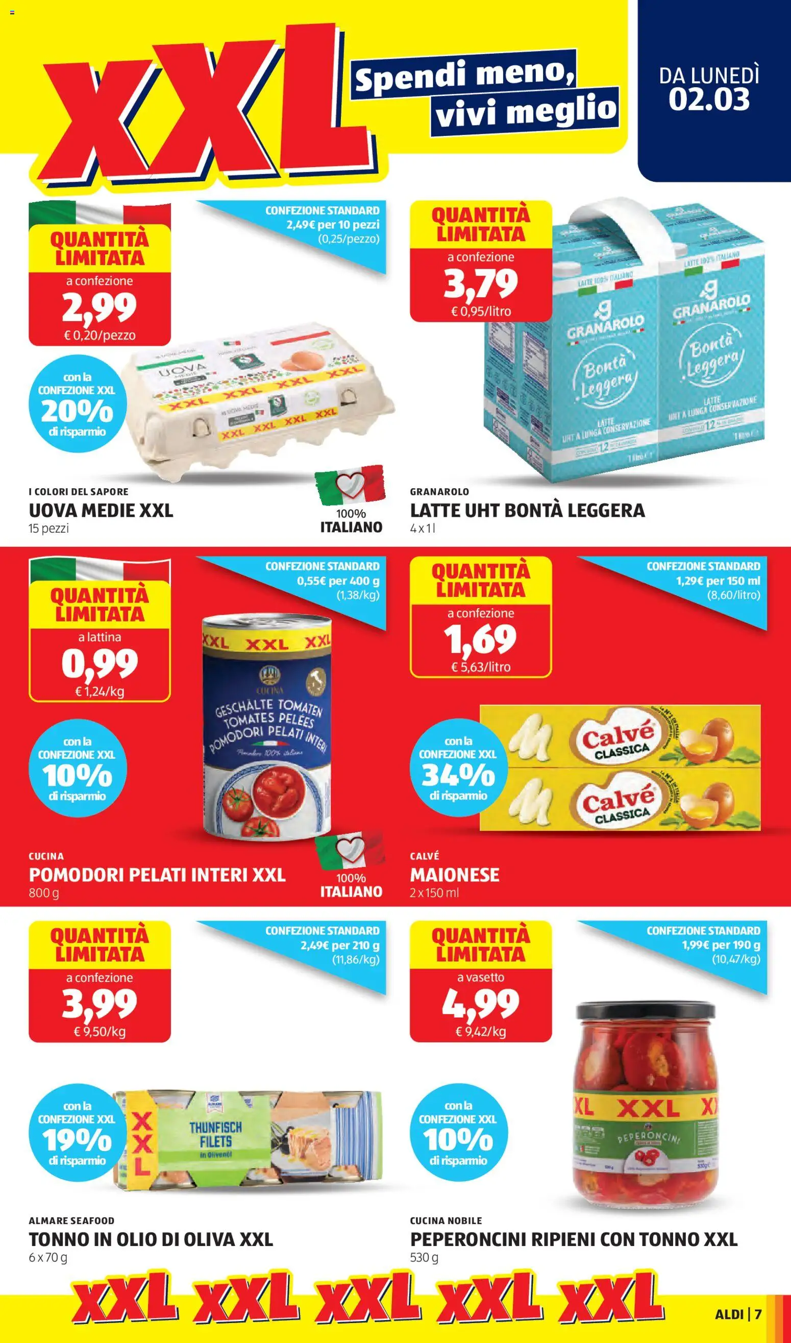 Volantino Aldi del 02.03.2026 | Pagina: 7 | Prodotti: Uova, Latte, Olive, Tonno