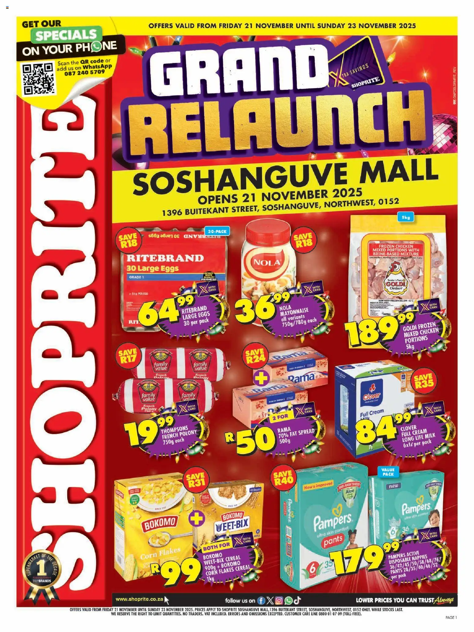 New Shoprite catalogue – valid from 21.11.2025 | Page: 1 | Products: Milk, Fat spread, Mayonnaise, Nappies