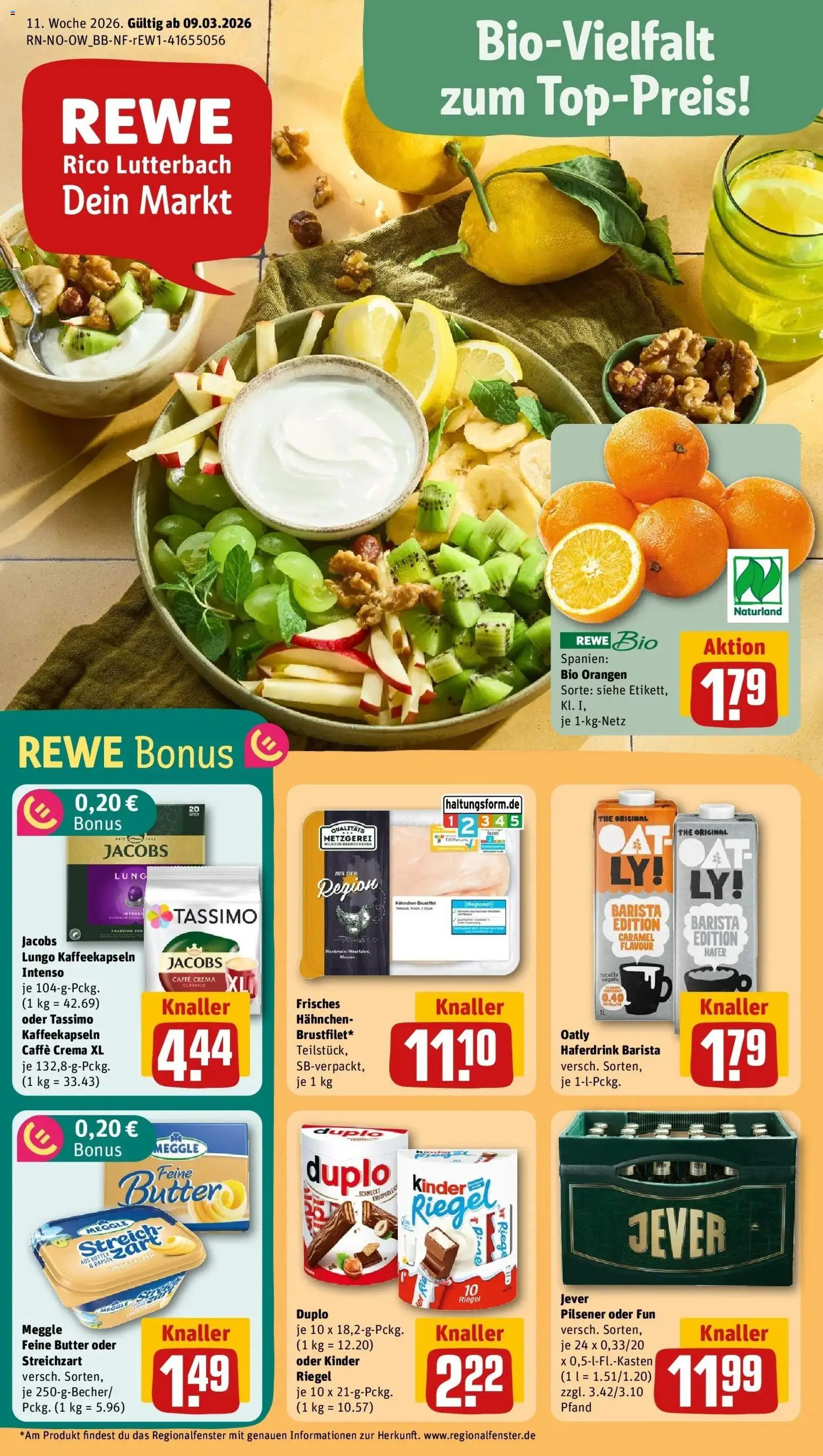 Rewe Prospekt Schloss-Neuhaus	 – gültig ab 09.03.2026 | Seite: 1 | Produkte: Hahnchen, Orangen, Kinder riegel, Tassimo