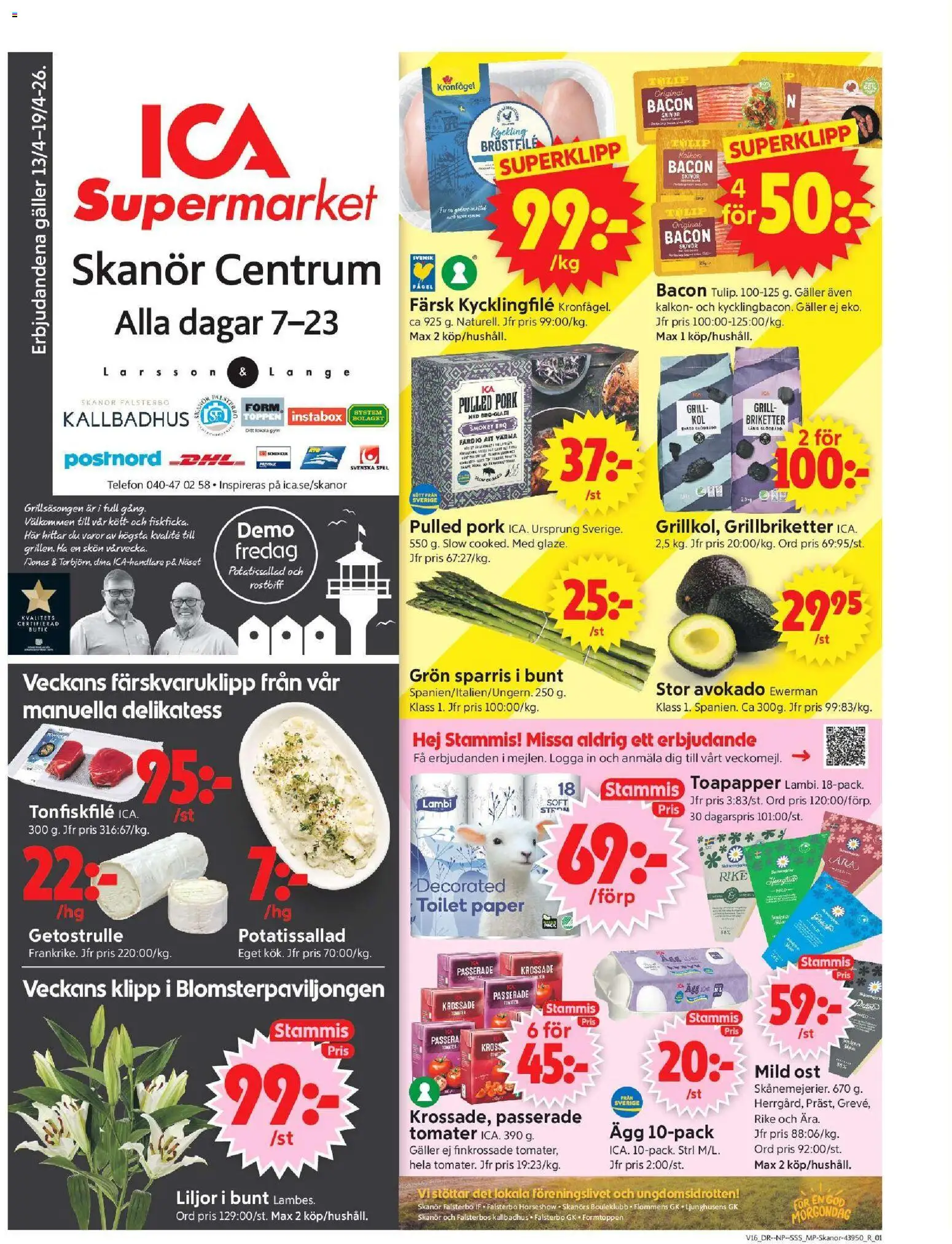 ICA Supermarket reklamblad aktuell från 13.04.2026 | Sida: 1 | Produkter: Briketter, Bacon, Ost, Kalkon