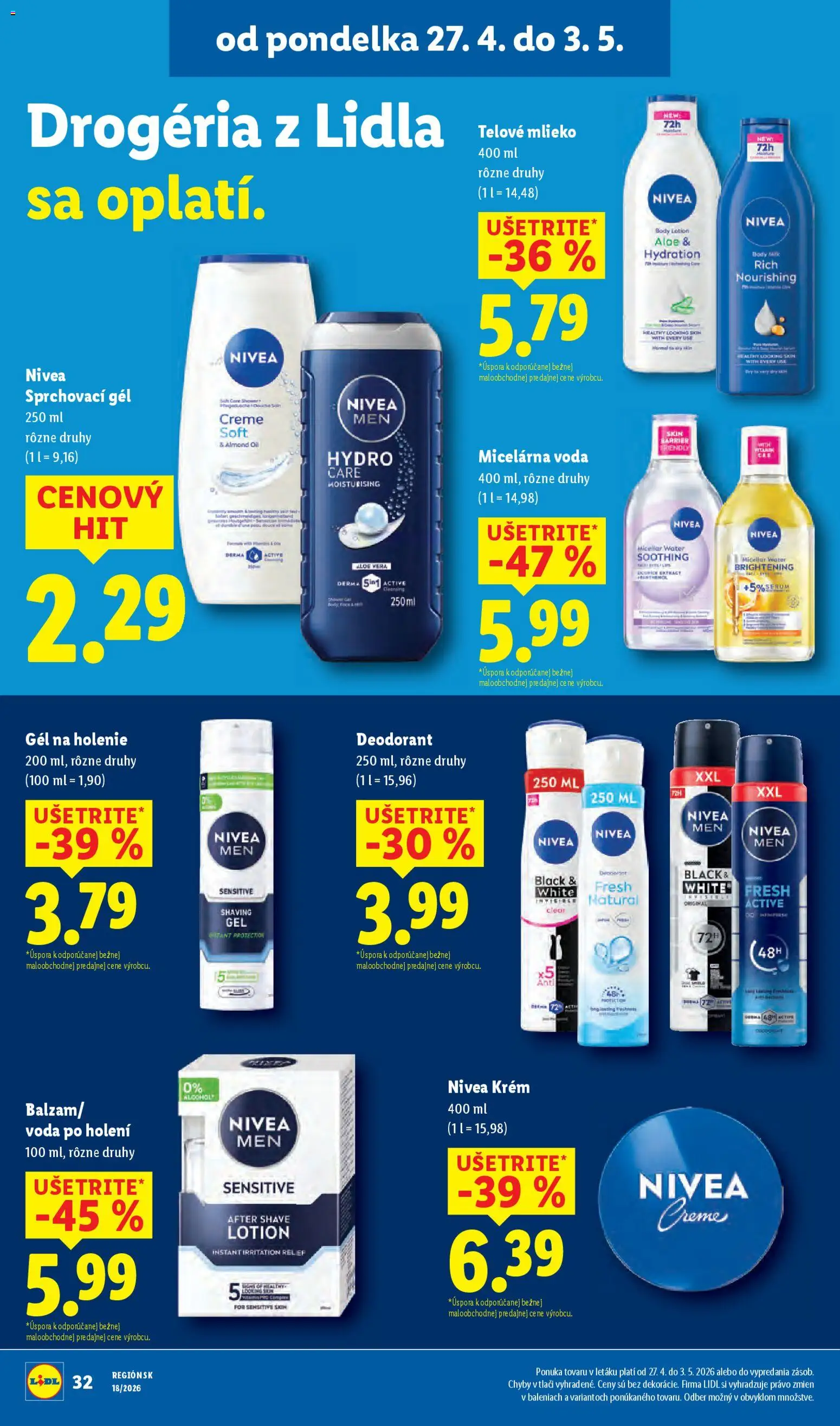 Nové Lidl akcie – leták je platný od 27.04.2026 | Strana: 34 | Produkty: Mlieko, Nivea, Telové mlieko, Voda