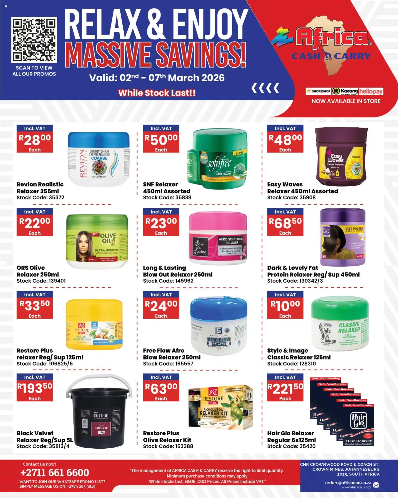 New Africa Cash & Carry catalogue – valid from 02.03.2026 | Page: 1 | Products: Detergente líquido, Stock, Salt, Relaxer