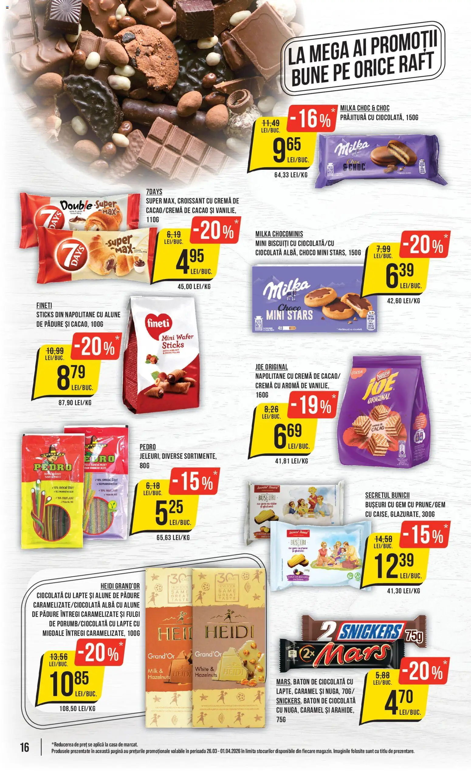Noul catalog Mega Image – valabil de la 26.03.2026 | Pagină: 16 | Produse: Prăjitură, Cremă, Biscuiți, Fulgi