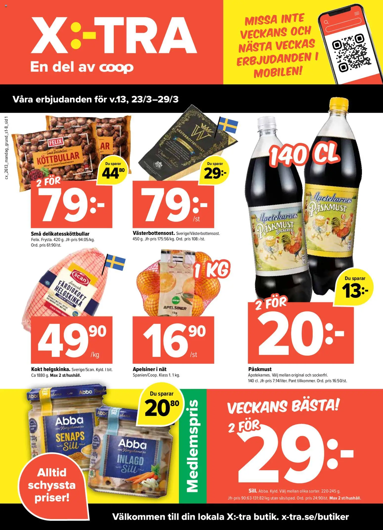 Coop X:-TRA reklamblad aktuell från 23.03.2026 | Sida: 1 | Produkter: Köttbullar, Sill, Apelsiner