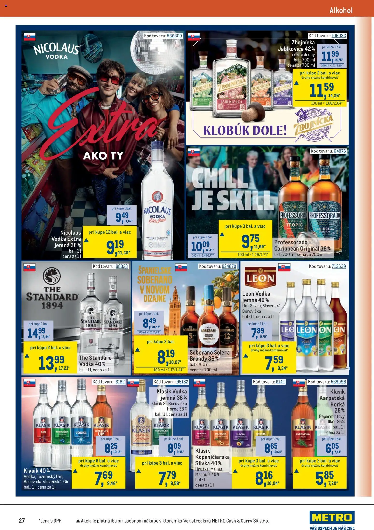 Nové Metro akcie – leták je platný od 28.01.2026 | Strana: 27 | Produkty: Borovička, Gin, Brandy, Nicolaus vodka