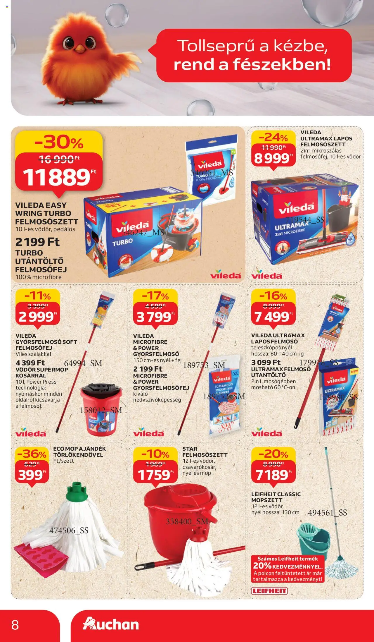 Auchan akciós ujság - amely érvényes a következő dátumtól: 11.09.2025 | Oldal: 8 | Termékek: Felmosó, Felmosófej, Vileda