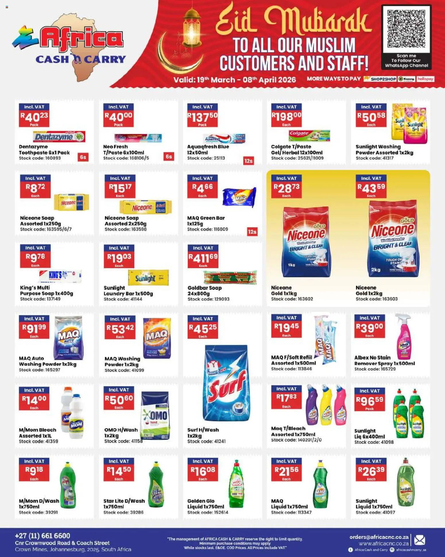 New Africa Cash & Carry catalogue – valid from 19.03.2026 | Page: 11 | Products: Bleach, Stock, Toothpaste, Washing powder