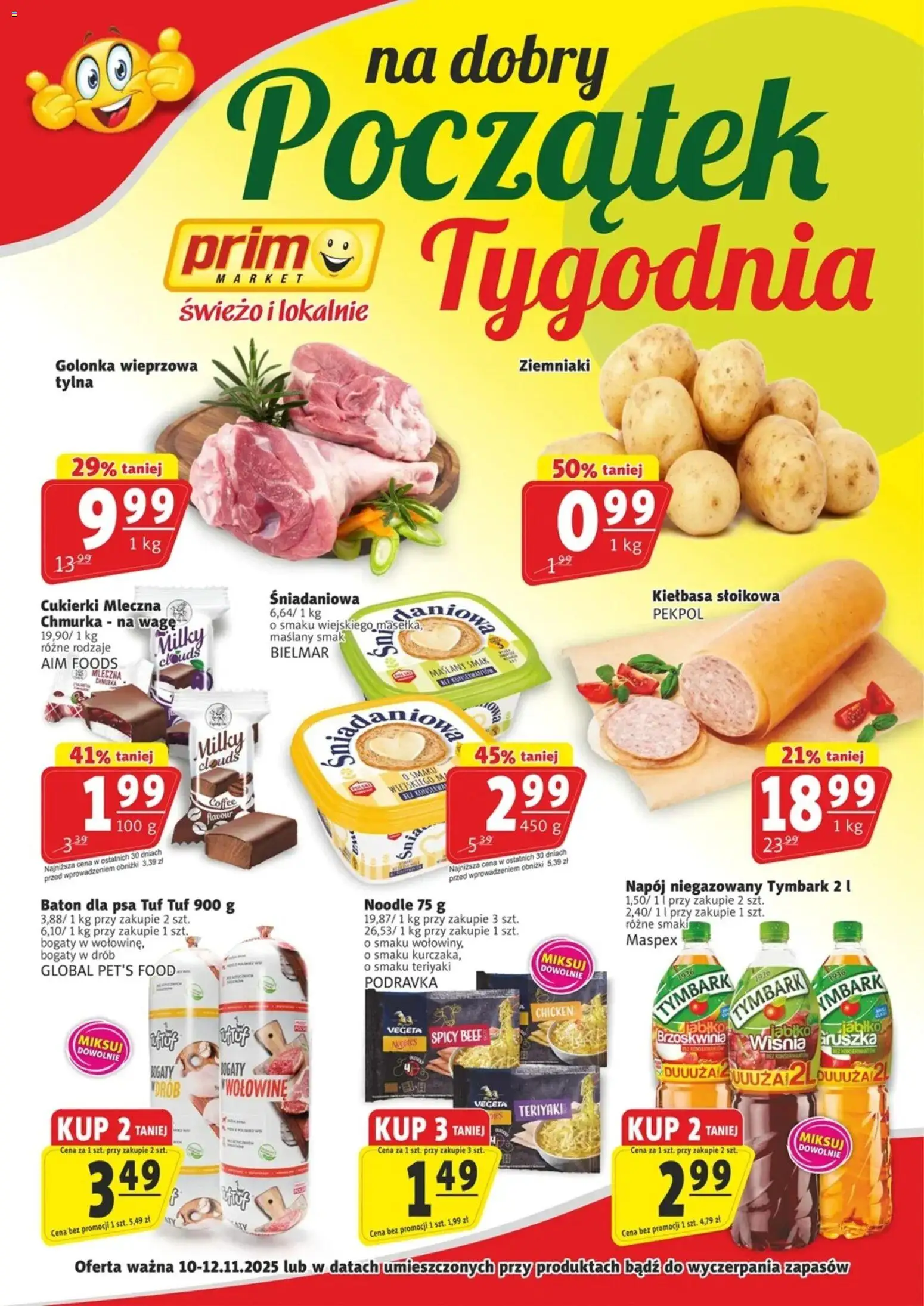 Prim Market Gazetka - Na dobry początek tygodnia od 10.11.2025 | Strona: 1 | Produkty: Kiełbasa, Brzoskwinia, Gruszka, Ziemniaki