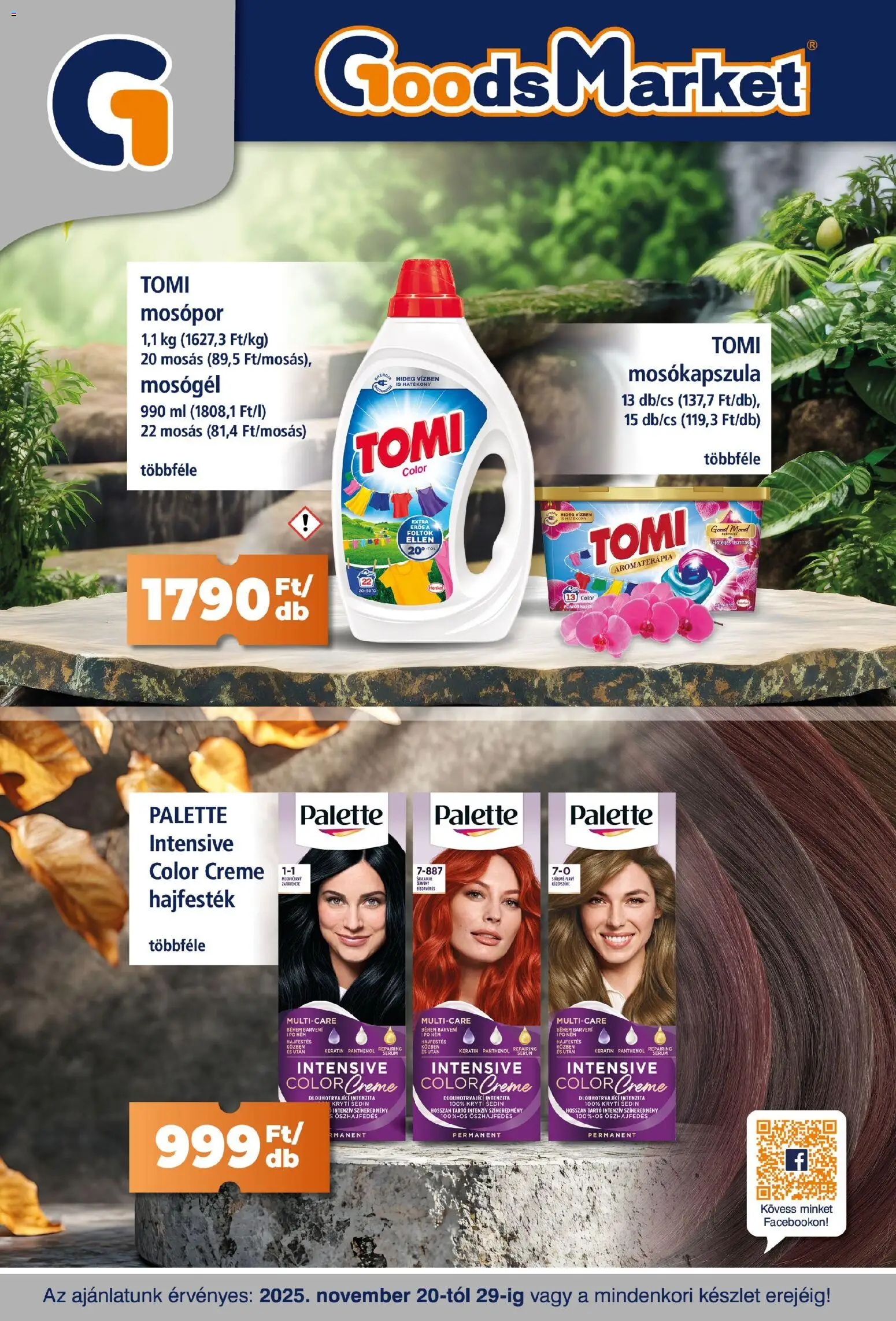 Goods Market akciós ujság - amely érvényes a következő dátumtól: 20.11.2025 | Oldal: 1 | Termékek: Hajfesték, Mosógél, Mosókapszula, Mosópor