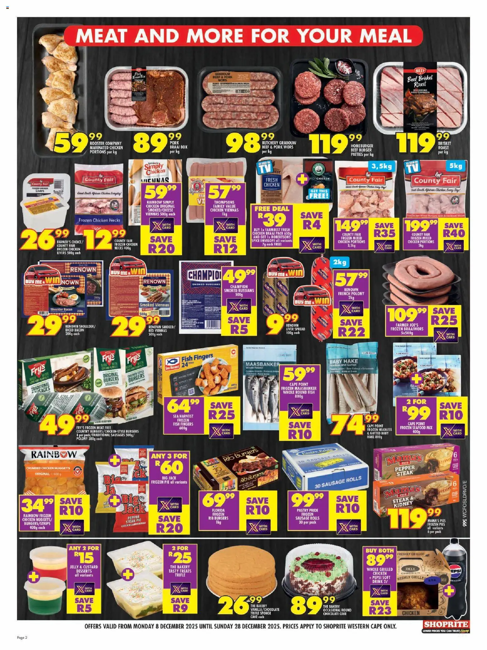 New Shoprite catalogue – valid from 08.12.2025 | Page: 2 | Products: Cake, Pork, Beef, Burgers