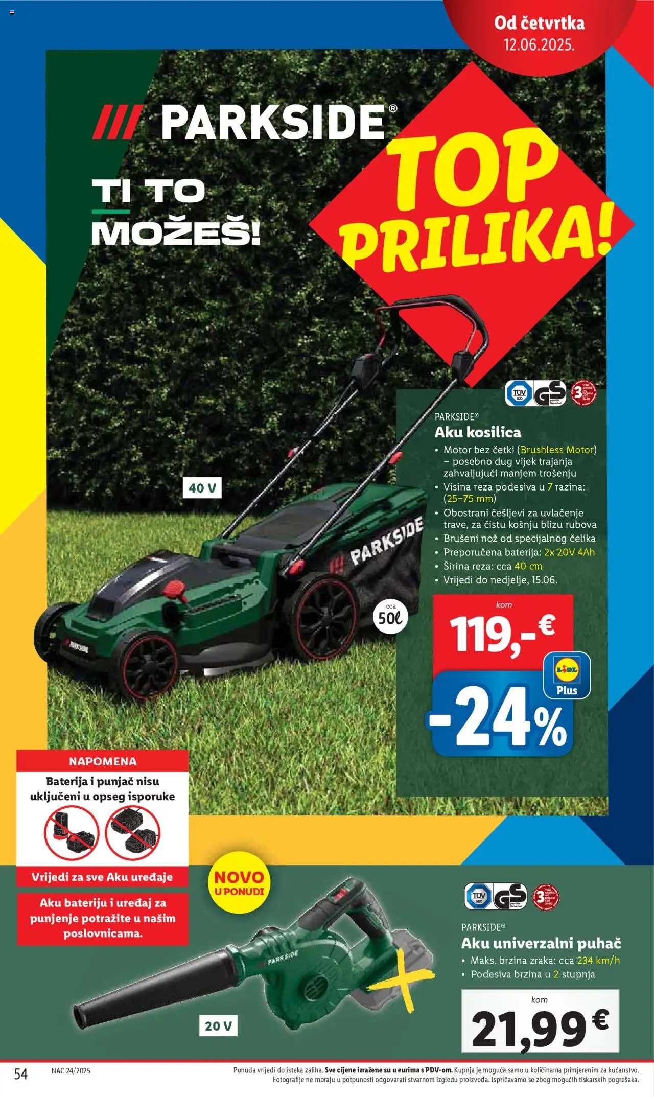 Lidl katalog | vrijedi od 09.06.2025 | Stranica: 54 | Proizvodi: Kosilica, Baterija, Nož, Parkside
