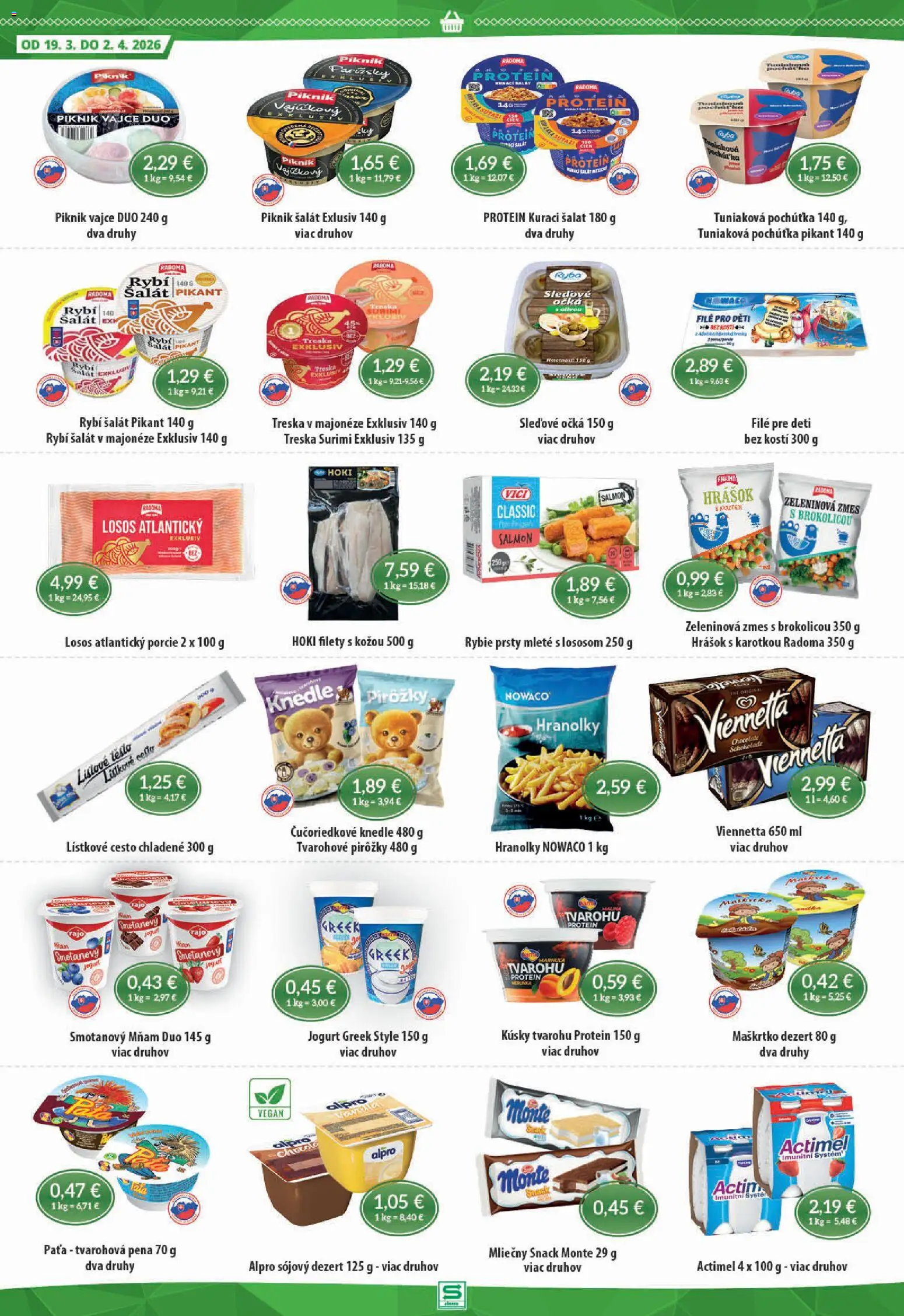 Nové Sintra akcie – leták je platný od 19.03.2026 | Strana: 4 | Produkty: Jogurt, Protein, Losos, Šalát