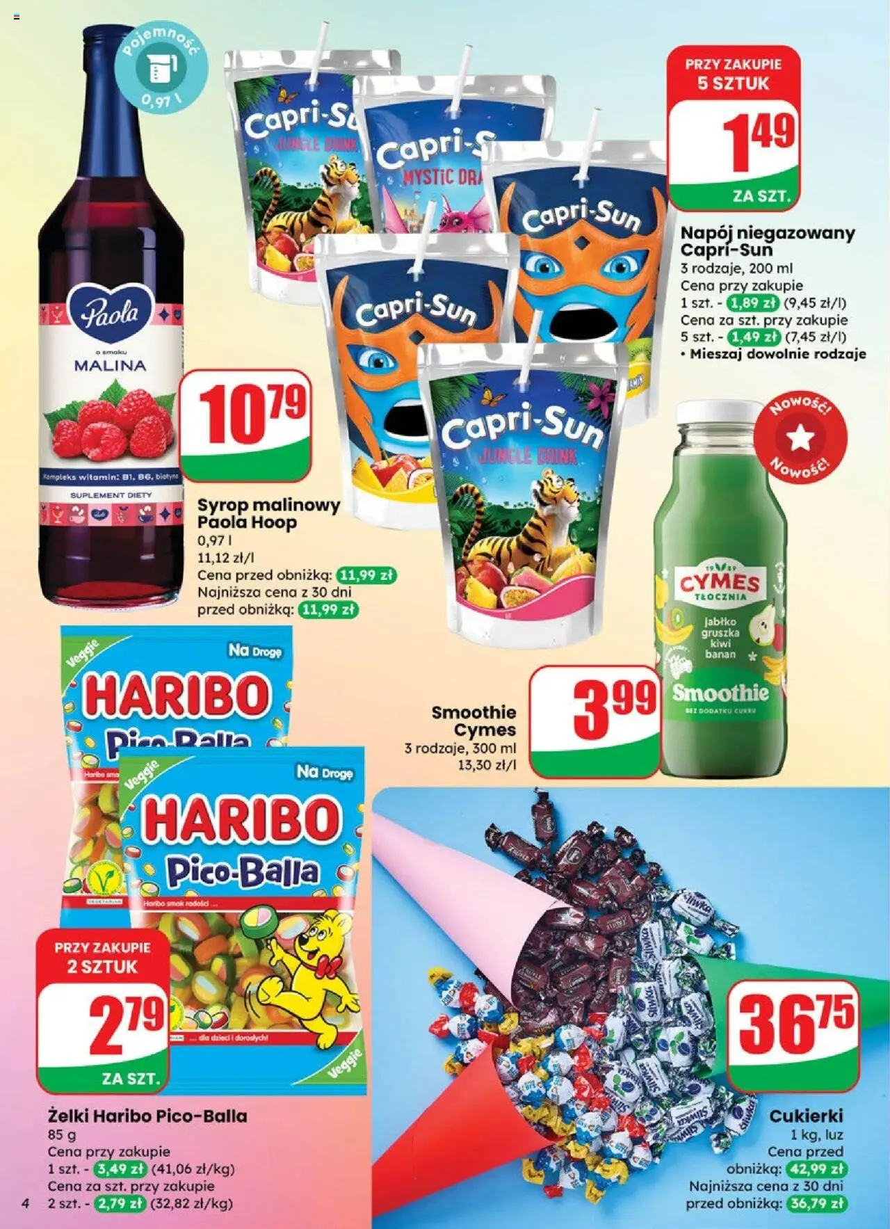 Dino Gazetka od 08.10.2025 | Strona: 4 | Produkty: Żelki haribo, Gruszka, Syrop malinowy, Banan