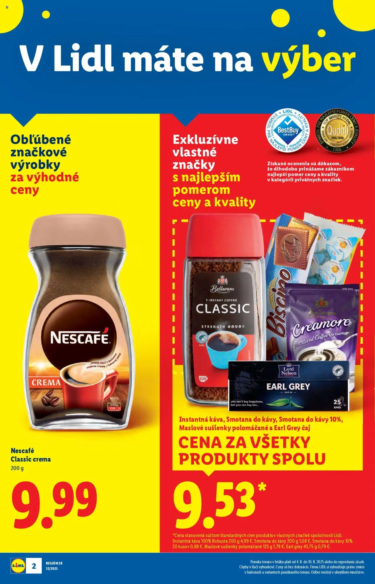 Lidl leták │ platný od 04.08.2025 | Strana: 2 | Produkty: Káva, Čaj, Smotana, Nescafé Classic