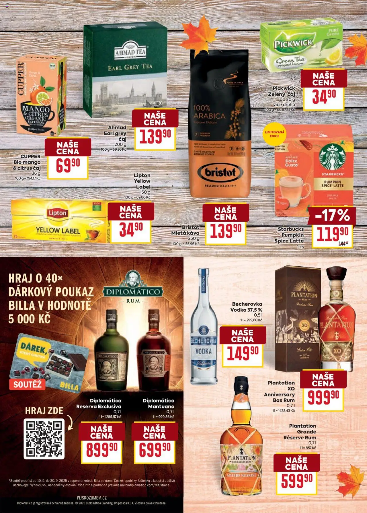 Billa leták - Podzimní nápoje od 10.09.2025 | Strana: 9 | Produkty: Diplomatico, Čaj, Zelený čaj, Vodka