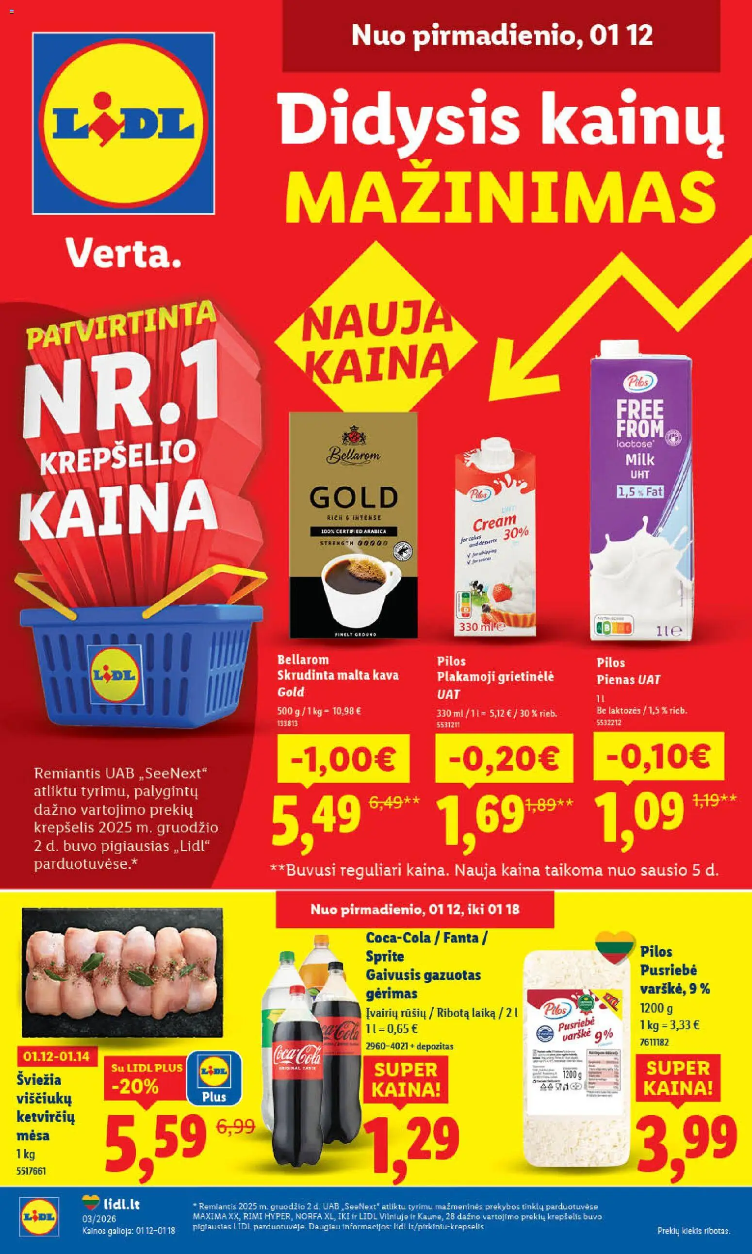LIDL akcijos nuo 12.01.2026 | Puslapis: 1 | Prekių: Grietinėlė, Pienas, Kava, Krepšelis