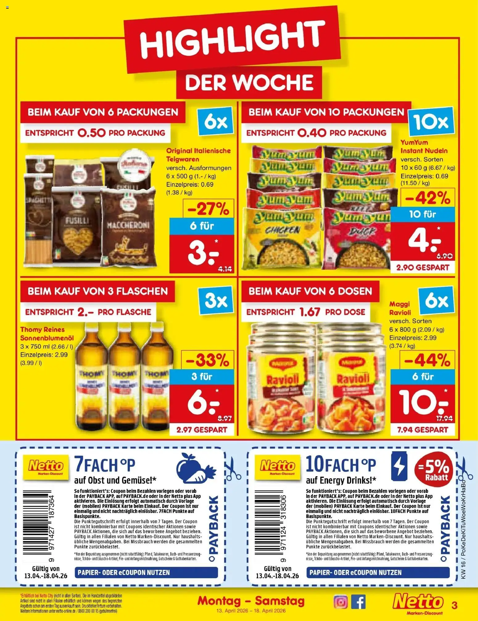 Netto Marken-Discount Prospekt Bonn	 – gültig ab 13.04.2026 | Seite: 3 | Produkte: Maggi, Energy, Sonnenblumenol, Obst