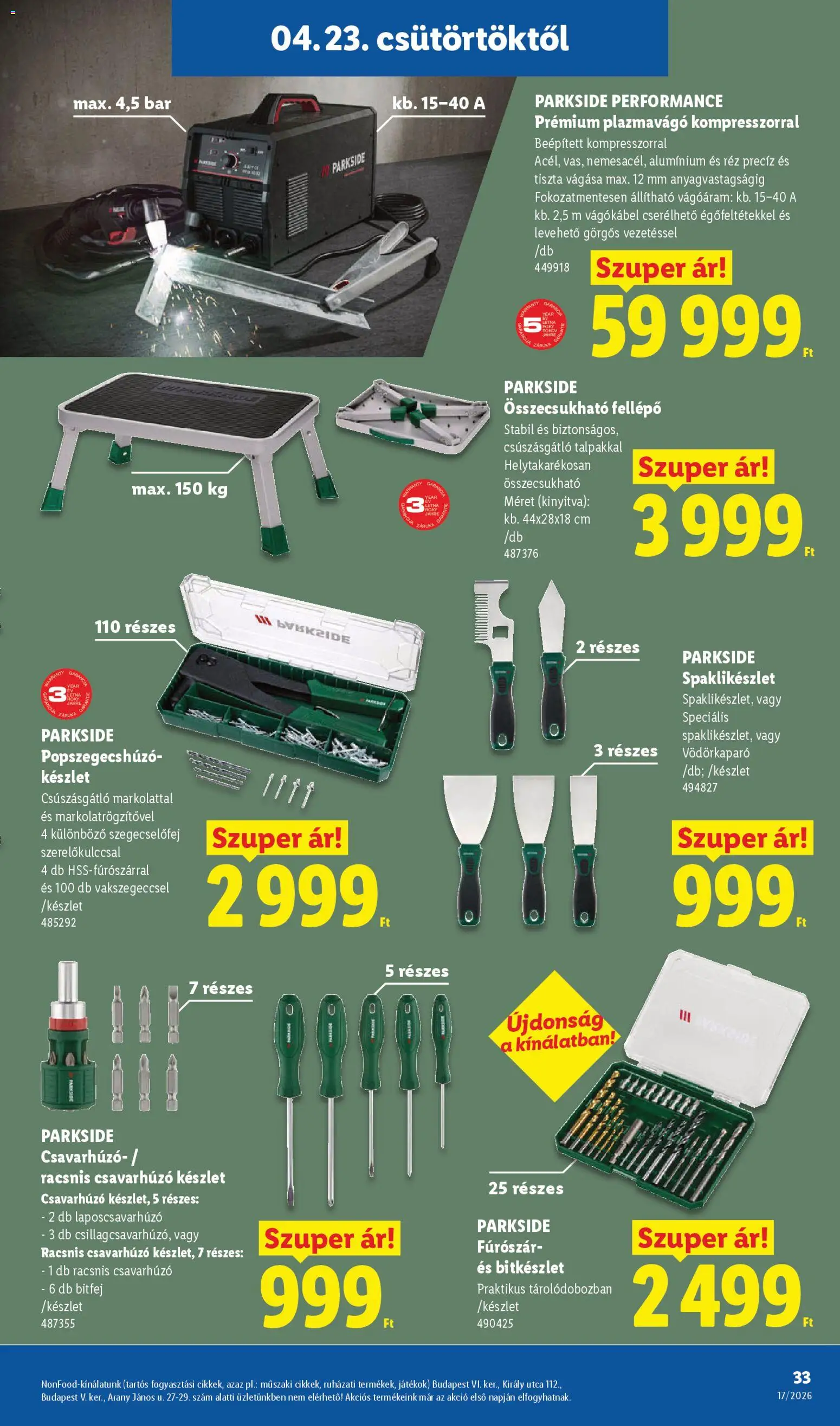 Lidl akciós ujság - amely érvényes a következő dátumtól: 23.04.2026 | Oldal: 33 | Termékek: Parkside, Játékok, Csavarhúzó, Fellépő