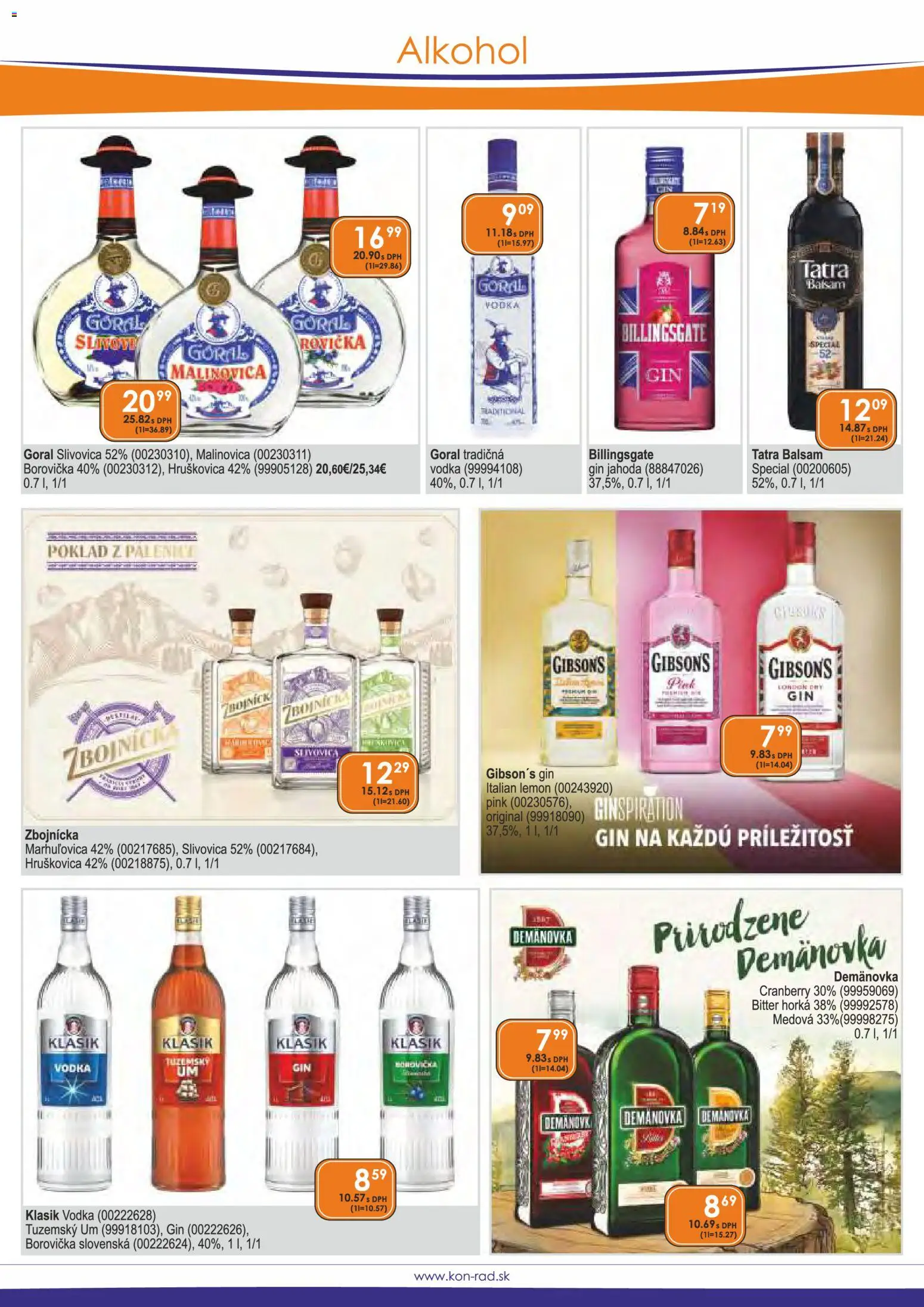 Nové KON - RAD akcie – leták je platný od 01.11.2025 | Strana: 20 | Produkty: Slivovica, Gin, Vodka, Alkohol
