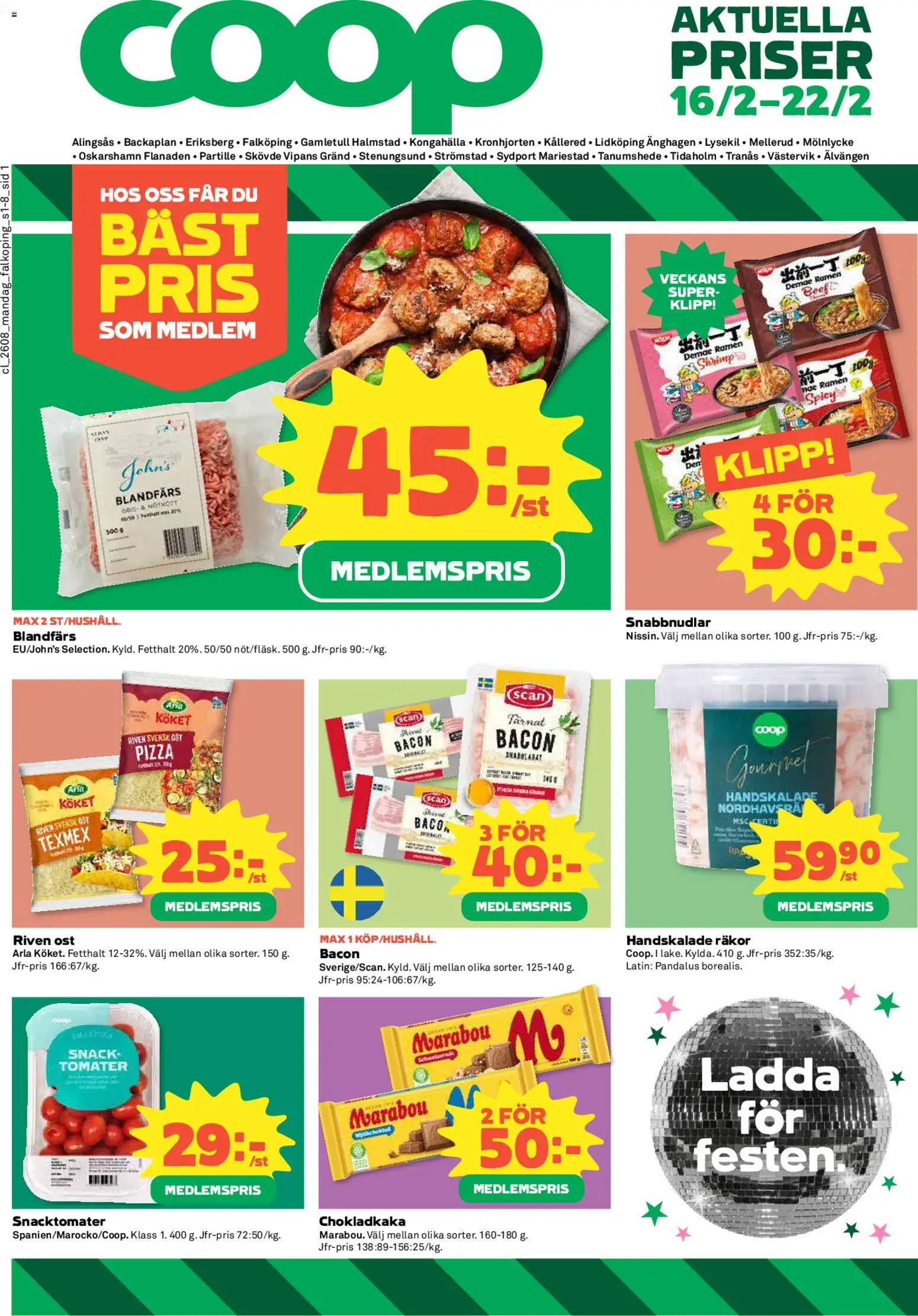 Coop reklamblad aktuell från 16.02.2026 | Sida: 1 | Produkter: Chokladkaka, Bacon, Ost, Tomater