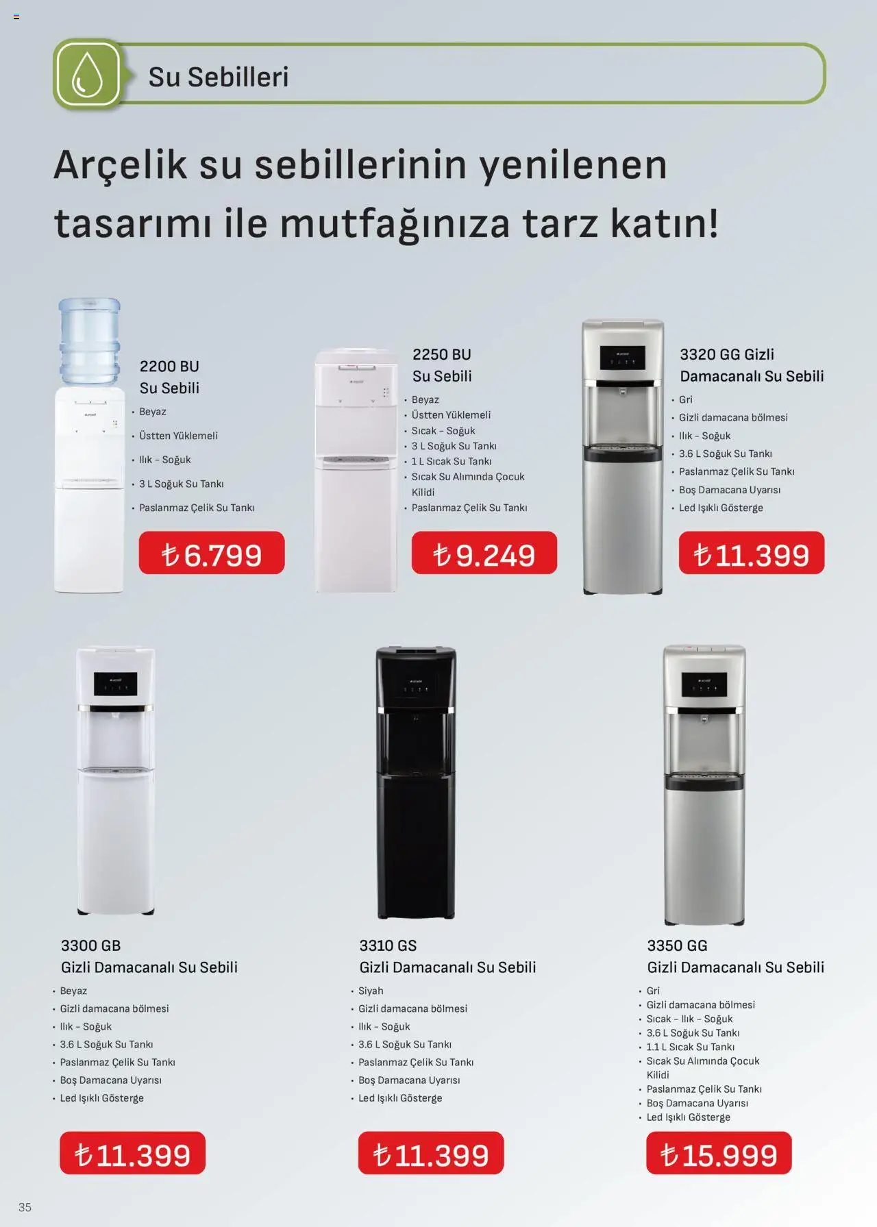 Arçelik İklimlendirme Kataloğu - 16.10.2025 tarihinden itibaren geçerlidir | Sayfa: 35 | Ürünler: Su, Su sebili