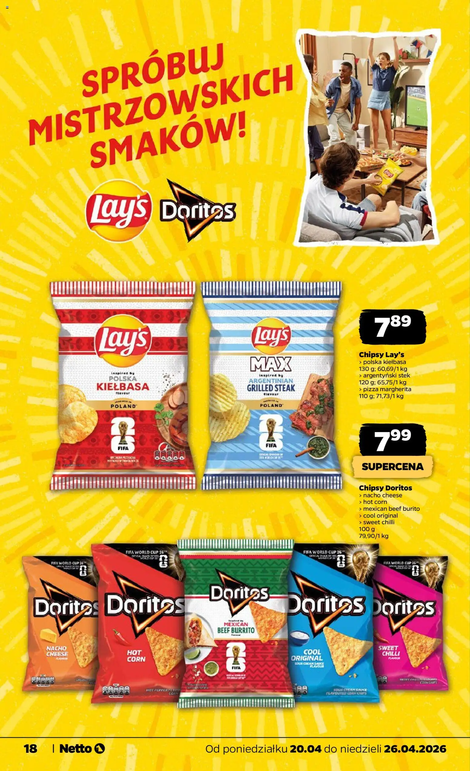 Netto gazetka od poniedziałku spożywcza od 20.04.2026 | Strona: 18 | Produkty: Kiełbasa, Chipsy, Doritos, Pizza