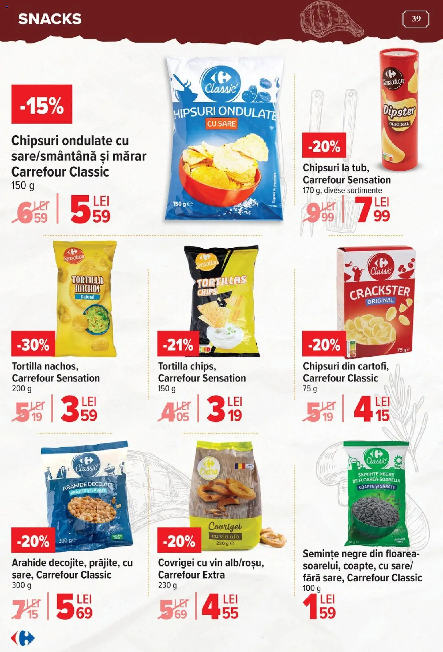 Noul catalog Carrefour – valabil de la 15.04.2026 | Pagină: 39 | Produse: Mărar, Covrigei, Chipsuri, Tortillas