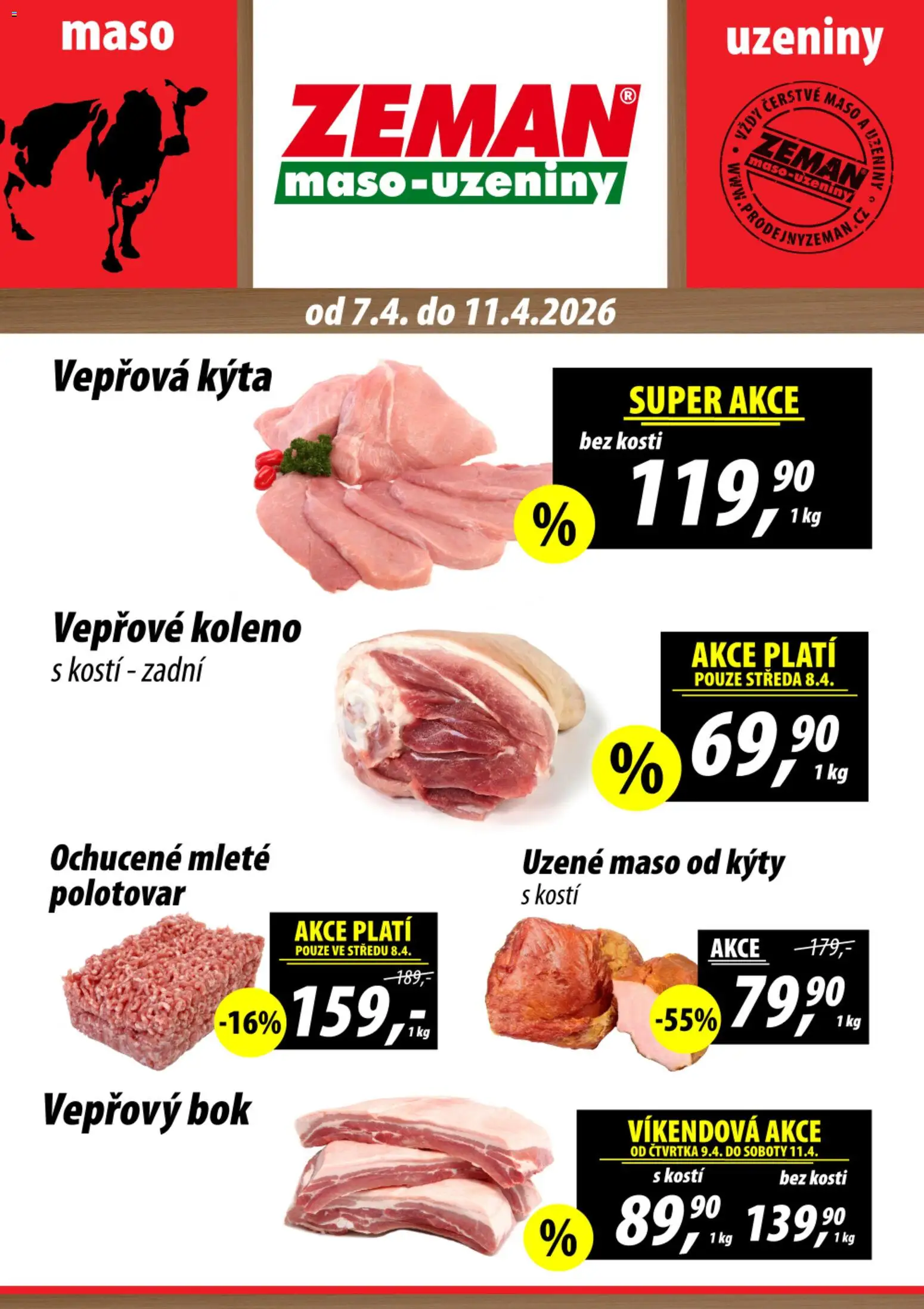 Prodejny Zeman leták od 07.04.2026 | Strana: 1 | Produkty: Vepřové koleno, Uzeniny, Maso, Kýta