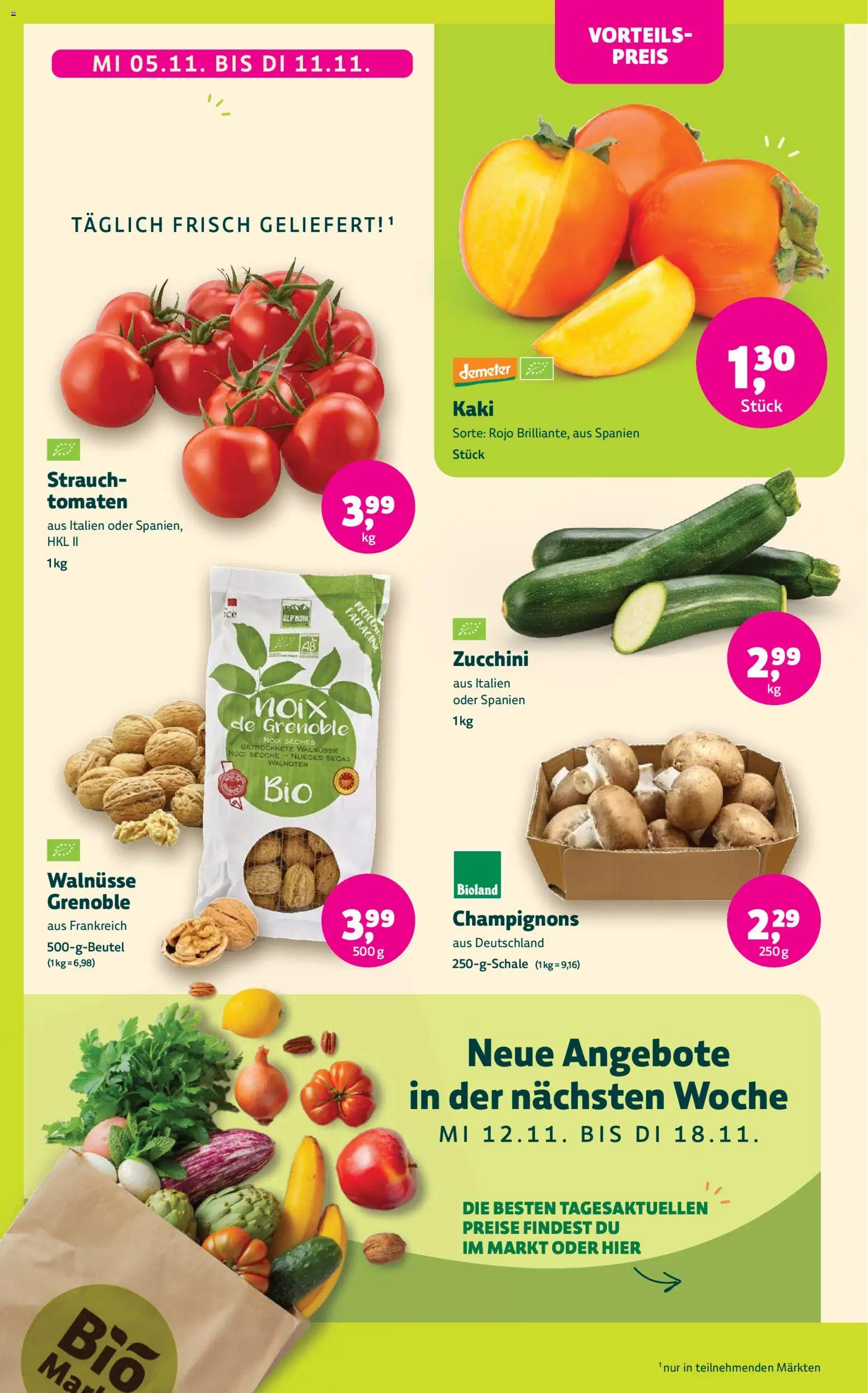 BioMarkt Prospekt – gültig ab 05.11.2025 | Seite: 4 | Produkte: Walnüsse, Tomaten, Kaki, Zucchini