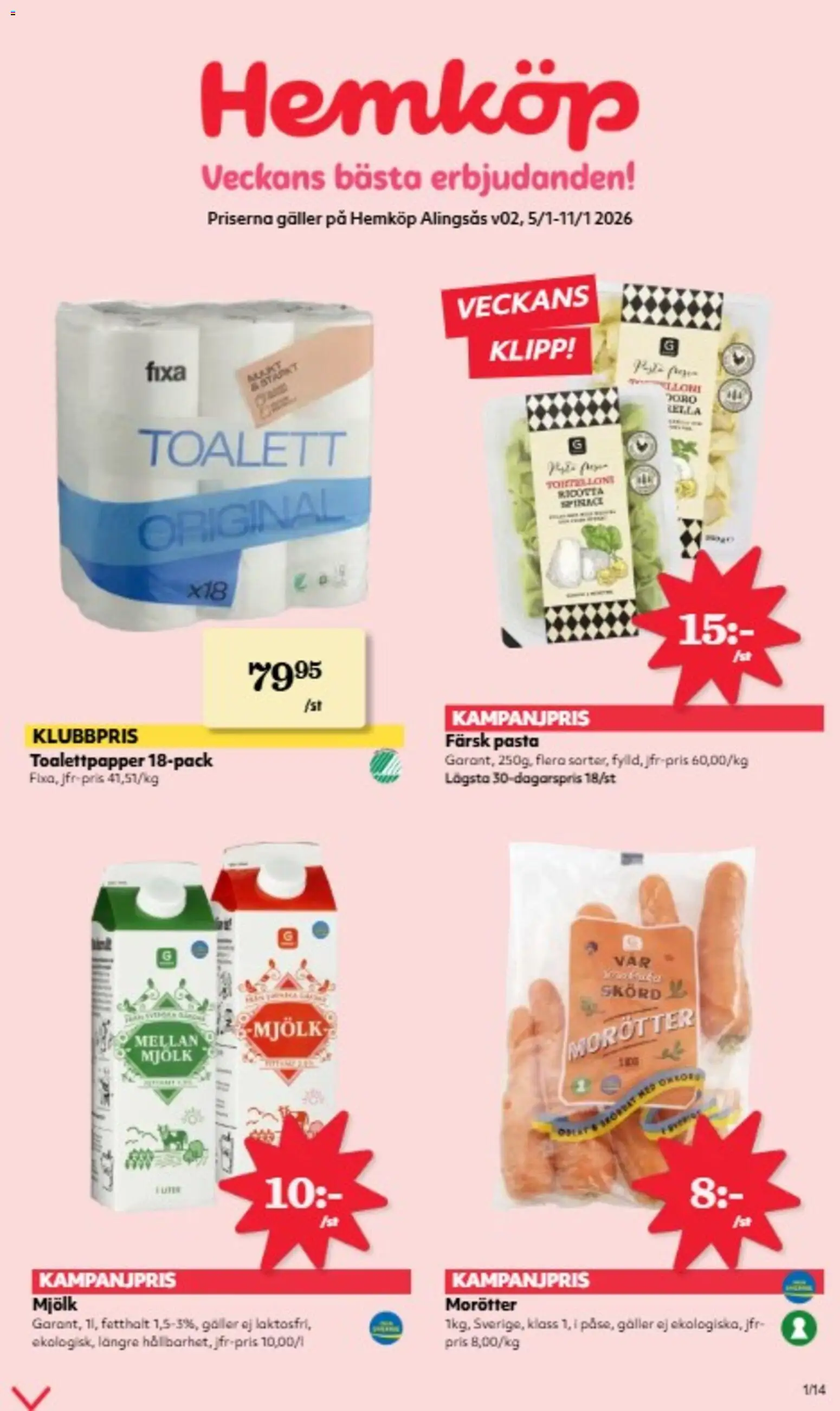 Hemköp reklamblad aktuell från 05.01.2026 | Sida: 1 | Produkter: Toalettpapper, Galler, Mjölk, Pasta