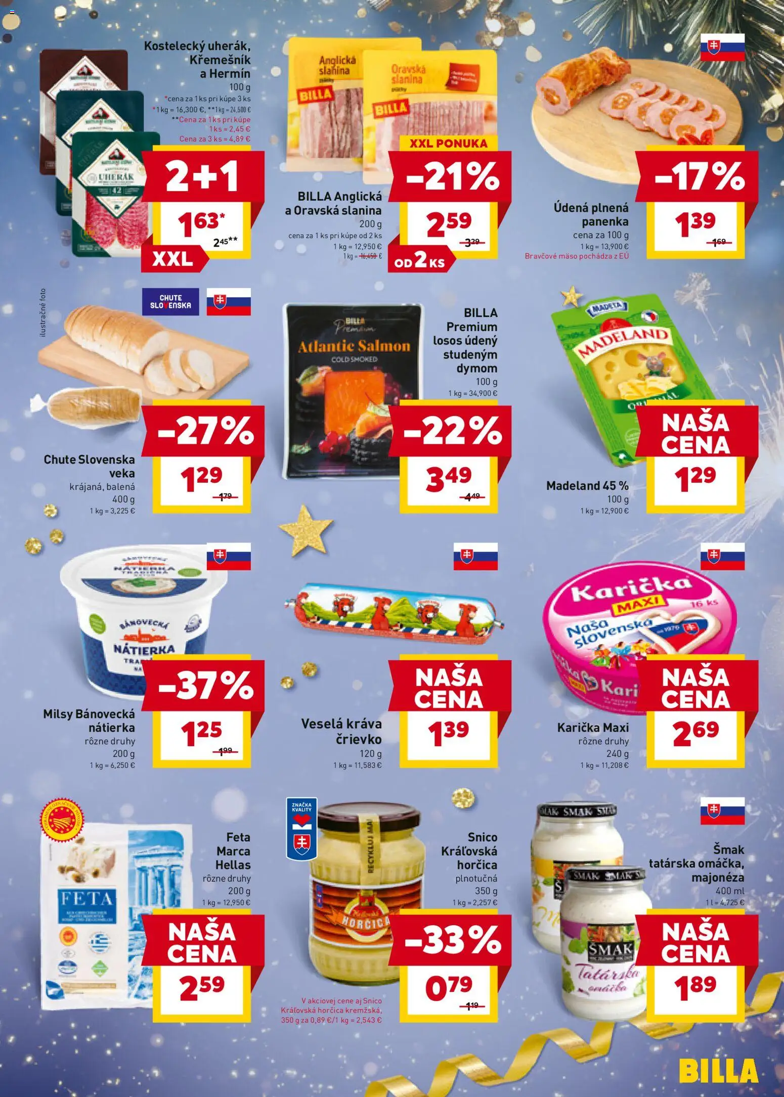 Nové Billa akcie – leták je platný od 27.12.2025 | Strana: 5 | Produkty: Slanina, Feta, Losos, Bravčové mäso