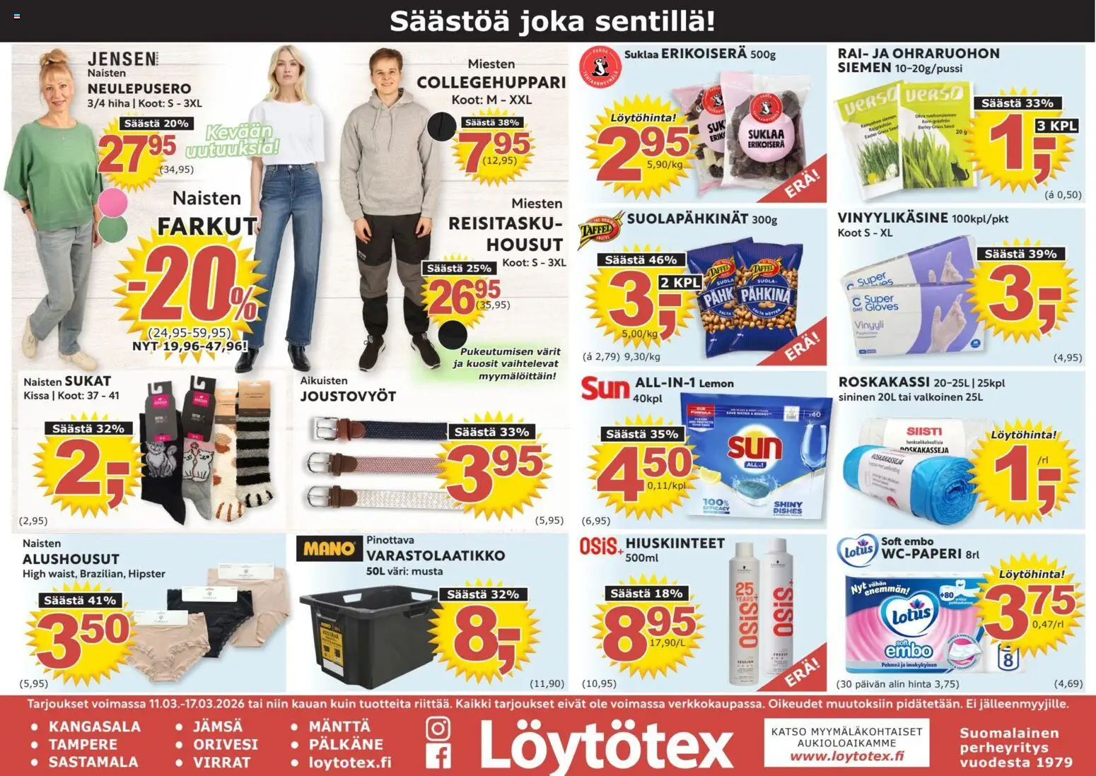 Löytötex tarjoukset – voimassa 11.03.2026 alkaen | Sivu: 1 | Tuotteet: Sukat, Suklaa, Alushousut, Farkut