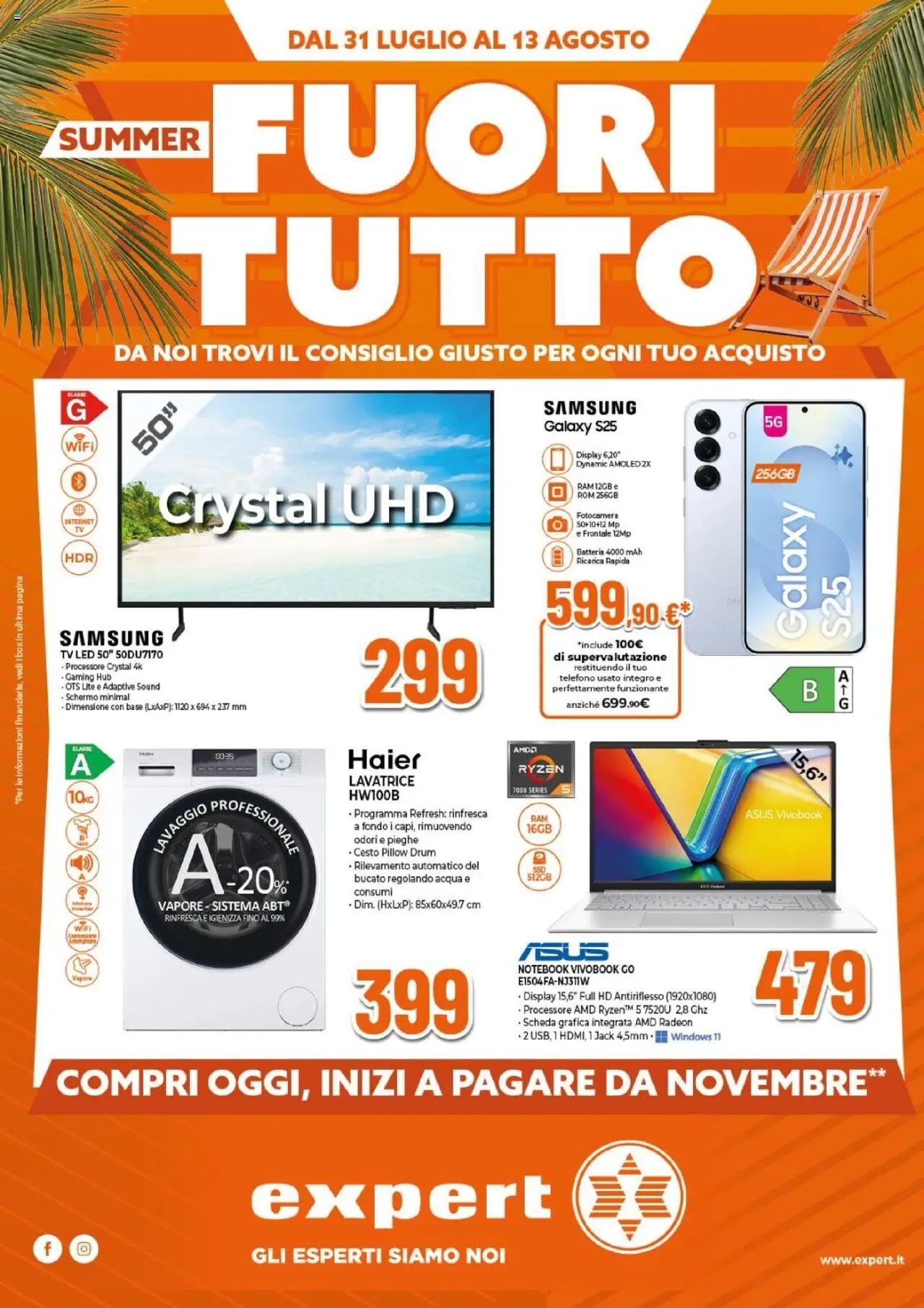 Volantino Expert del 31.07.2025 | Pagina: 1 | Prodotti: Schermo, Notebook, Lavatrice, Fotocamera