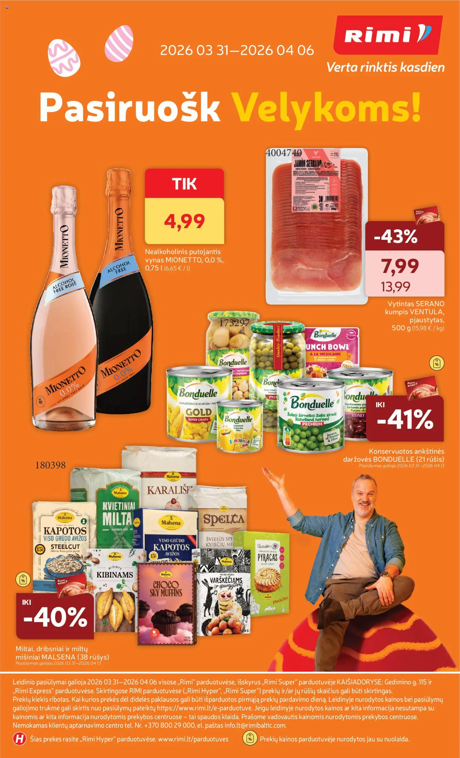Rimi akcijos nuo 31.03.2026 | Puslapis: 39 | Prekių: Pyragas, Kumpis, Vynas, Dribsniai