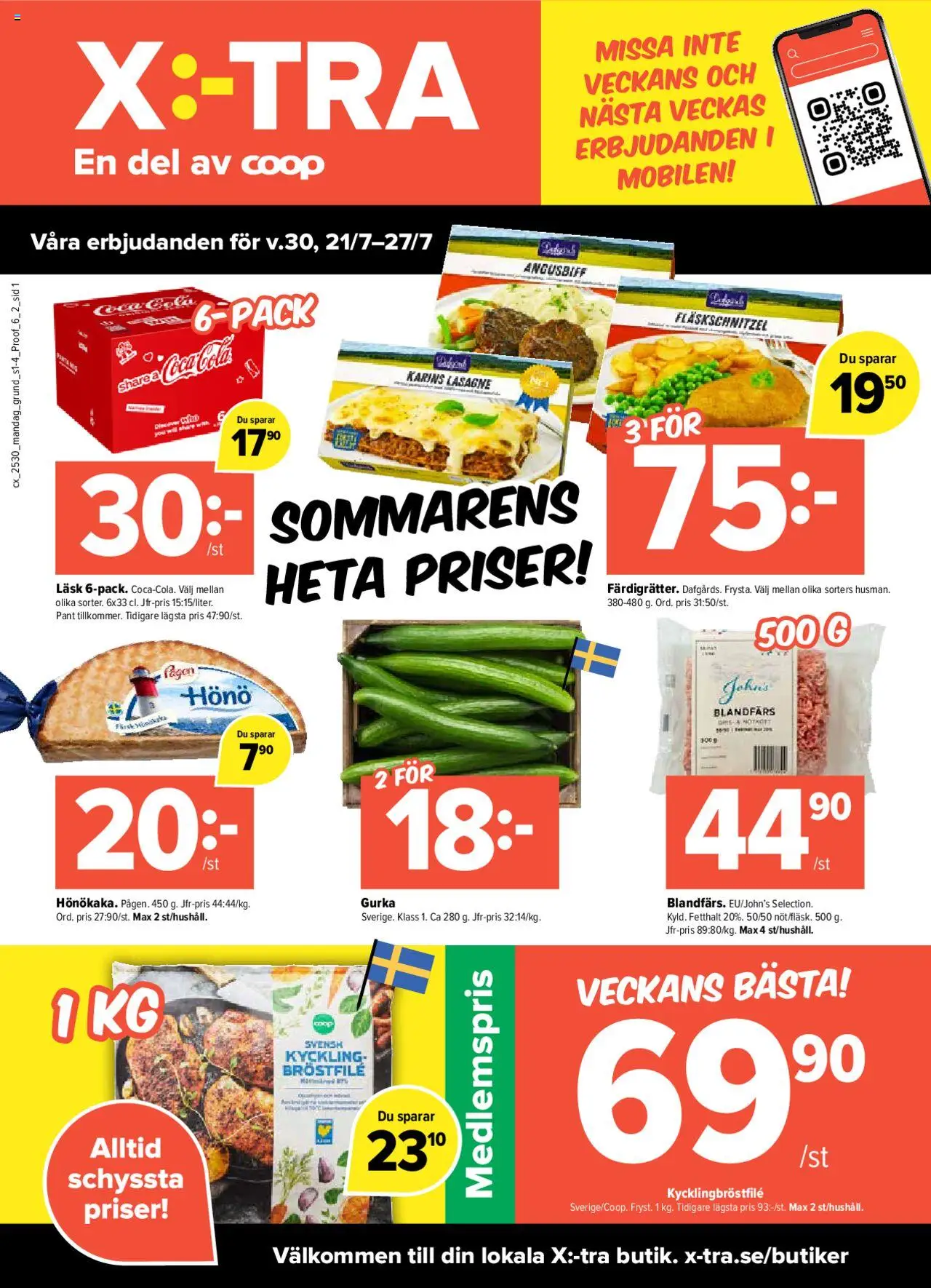 Coop X:-TRA reklamblad aktuell från 21.07.2025 | Sida: 1 | Produkter: Blandfärs, Coca cola, Nötkött, Gurka