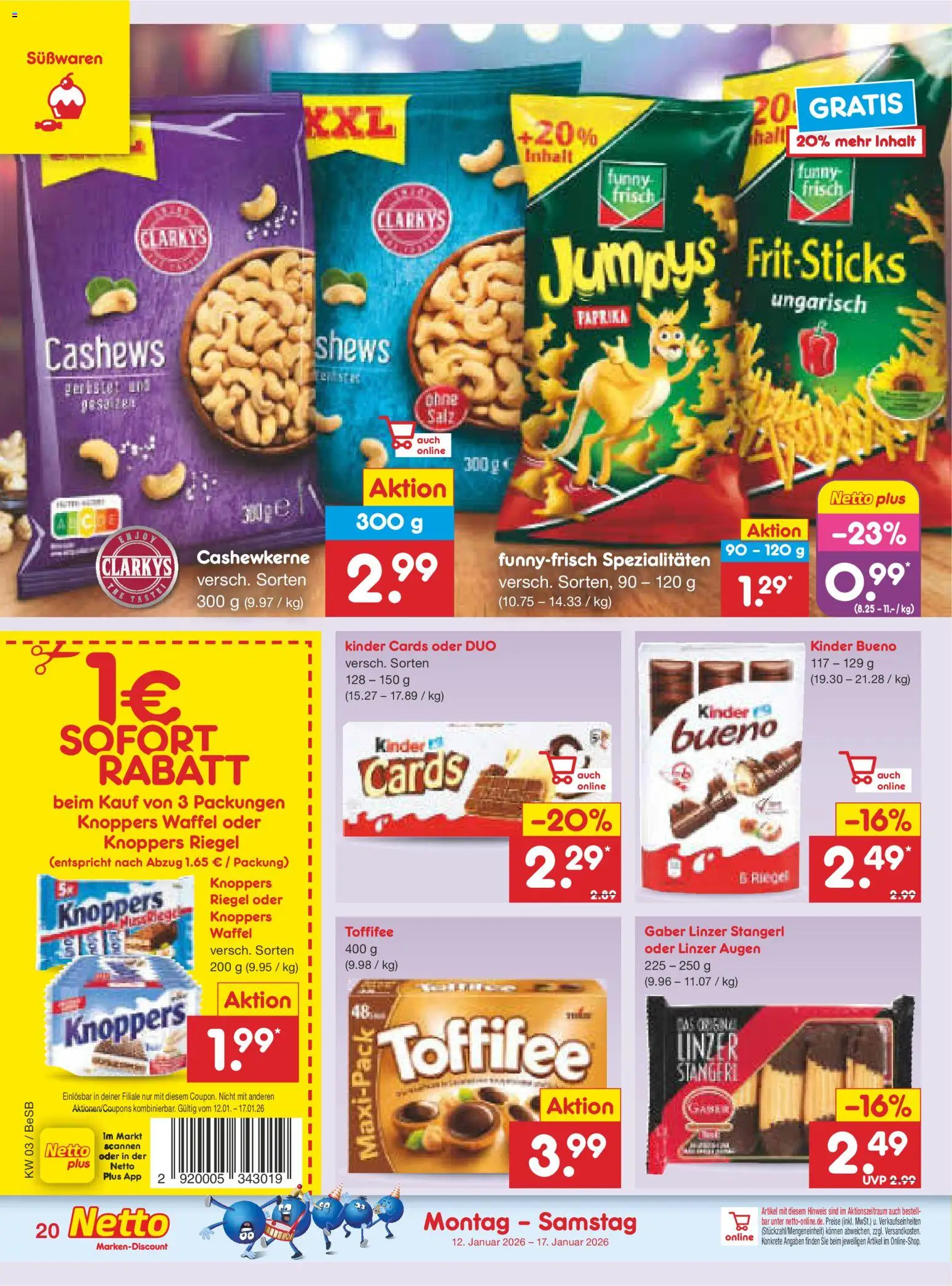 Netto Marken-Discount Prospekt 	 – gültig ab 12.01.2026 | Seite: 20 | Produkte: Kinder bueno, Salz, Toffifee, Knoppers
