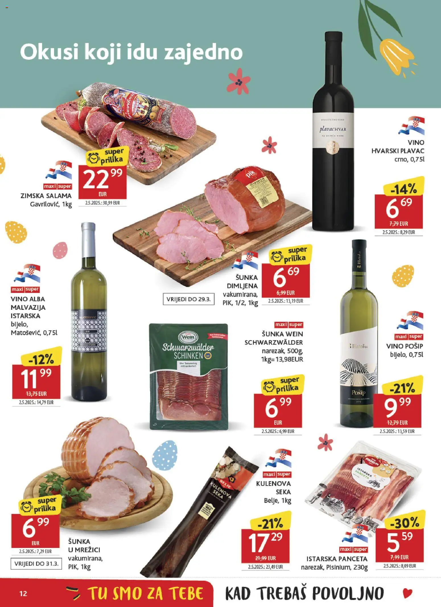 Konzum katalog | vrijedi od 18.03.2026 | Stranica: 12 | Proizvodi: Salama, Šunka, Vino, Panceta