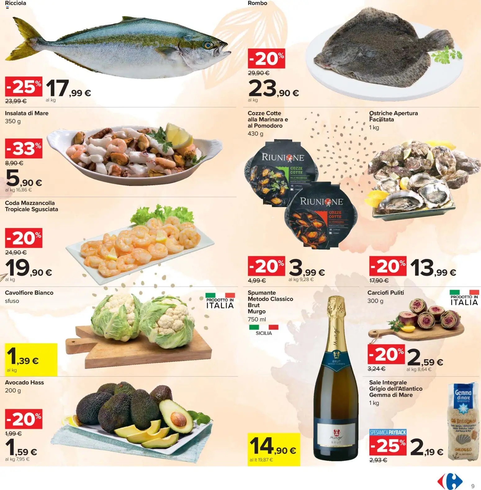 Volantino Carrefour del 24.03.2026 | Pagina: 9 | Prodotti: Cozze, Avocado, Sale, Cavolfiore