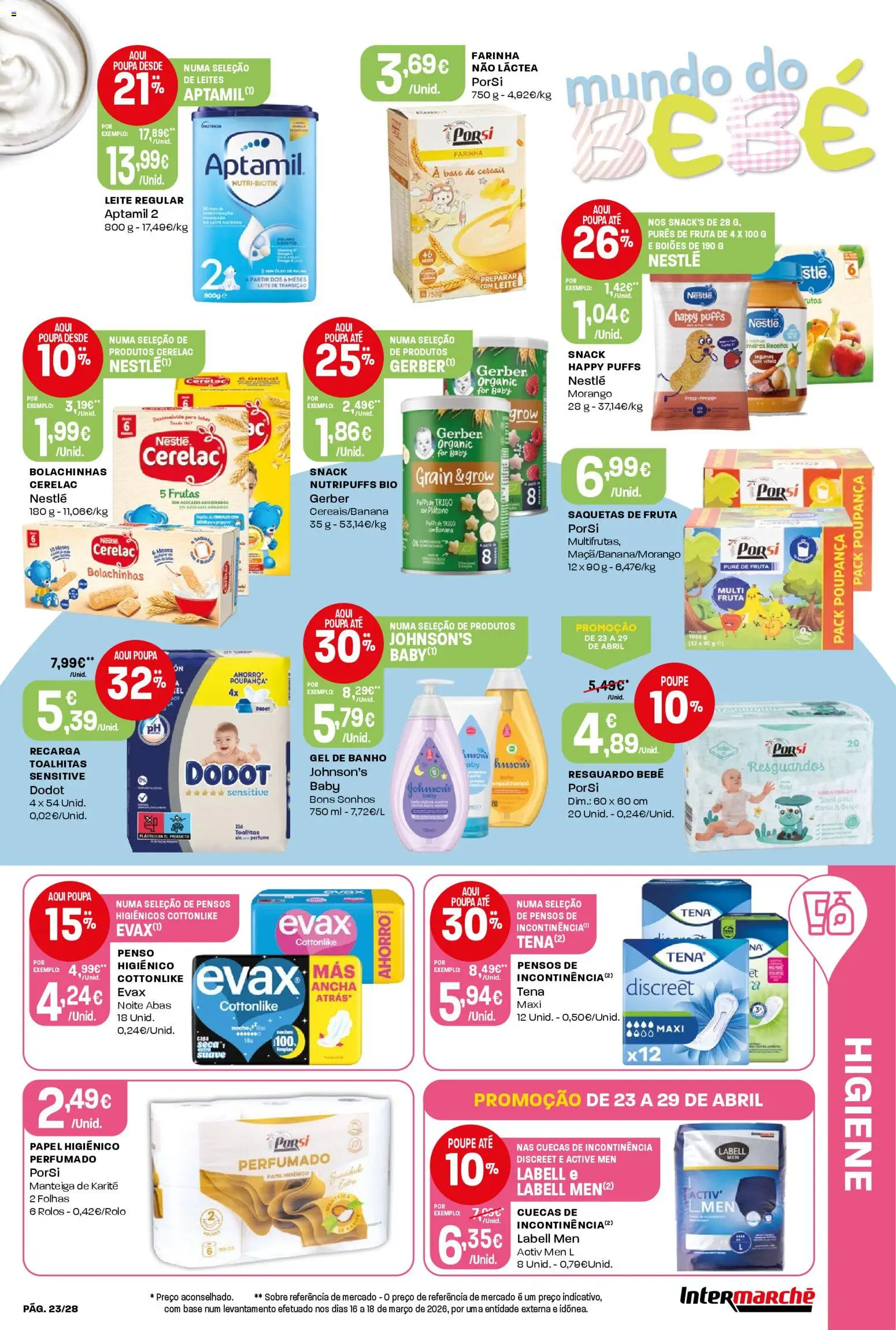 Intermarché Folheto Contact │ válido de 23.04.2026 | Página: 23 | Produtos: Papel higiénico, Fraldas, Gel de banho, Nestlé