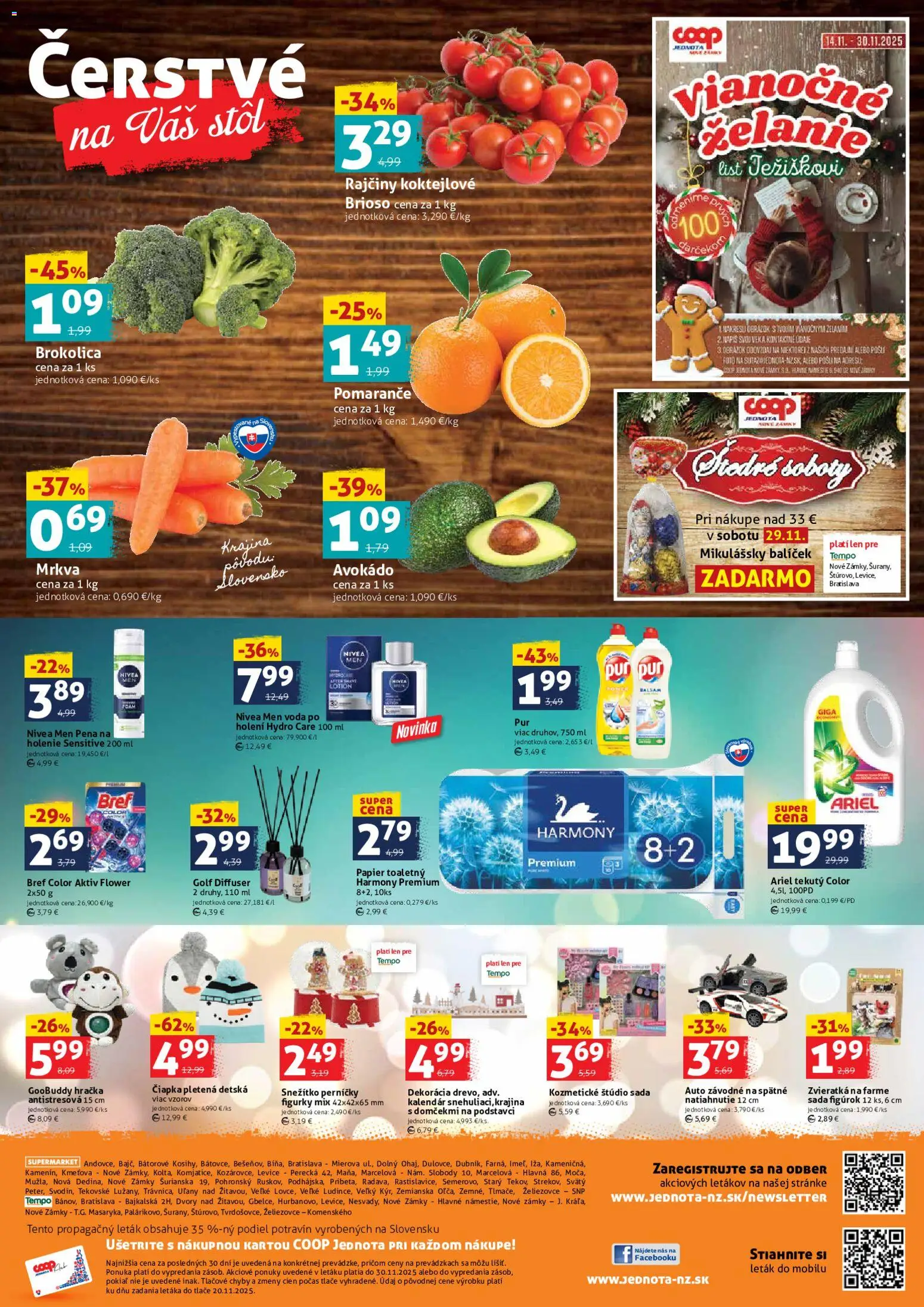 Nové COOP Jednota akcie – leták je platný od 28.11.2025 | Strana: 4 | Produkty: Stôl, Brokolica, Mrkva, Ariel