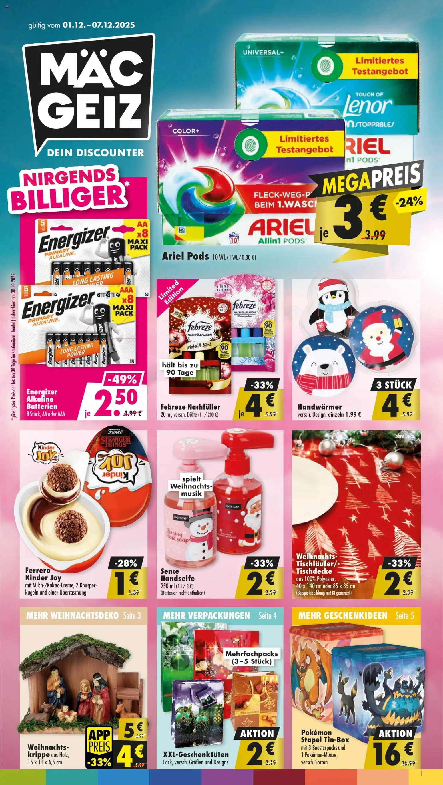 Mäc Geiz Prospekt 	 – gültig ab 01.12.2025 | Seite: 1 | Produkte: Ariel pods, Lenor, Batterien, Ariel