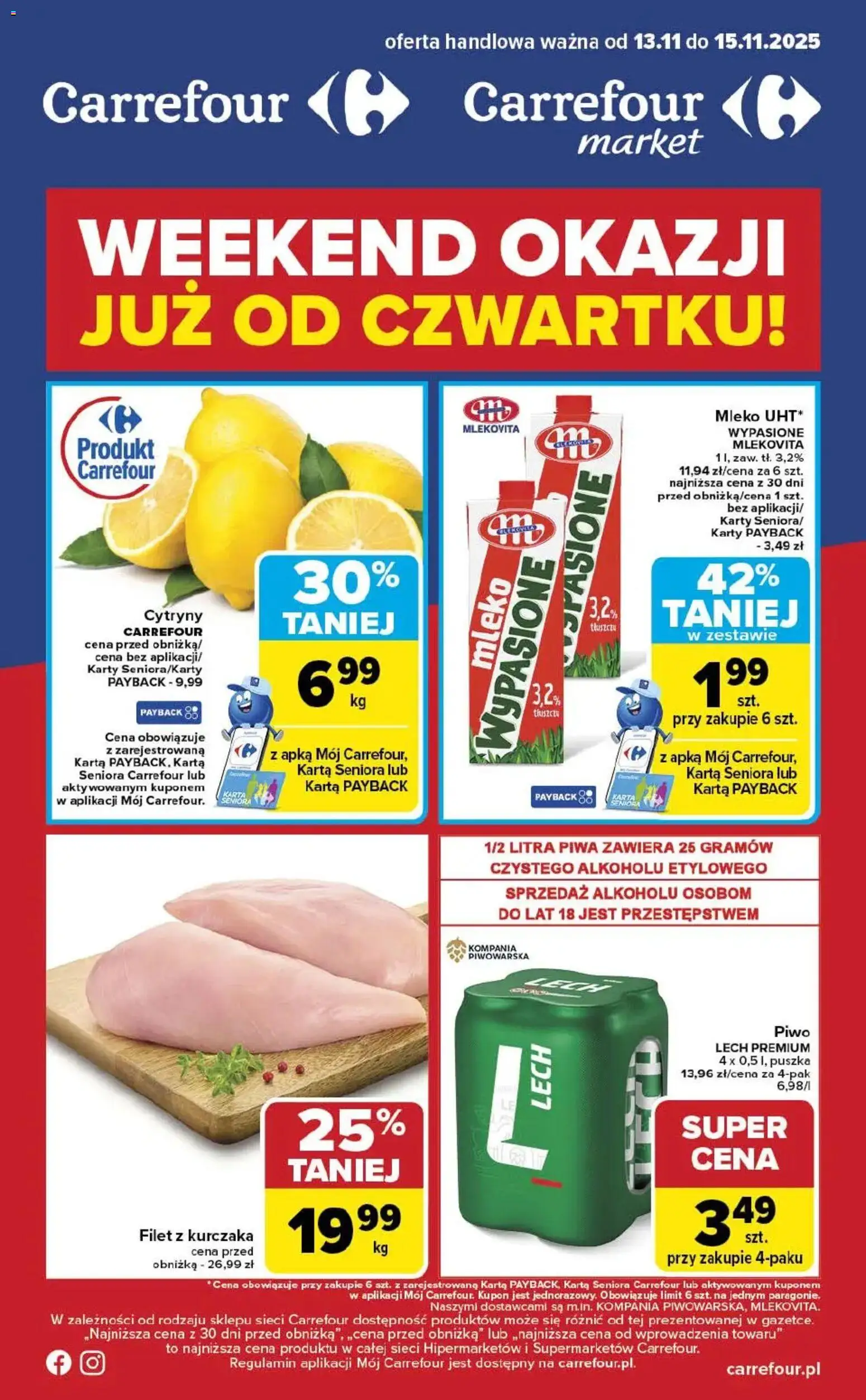 Carrefour Gazetka - Weekend okazji od 13.11.2025 | Strona: 2 | Produkty: Filet z kurczaka, Cytryny, Mleko, Piwo