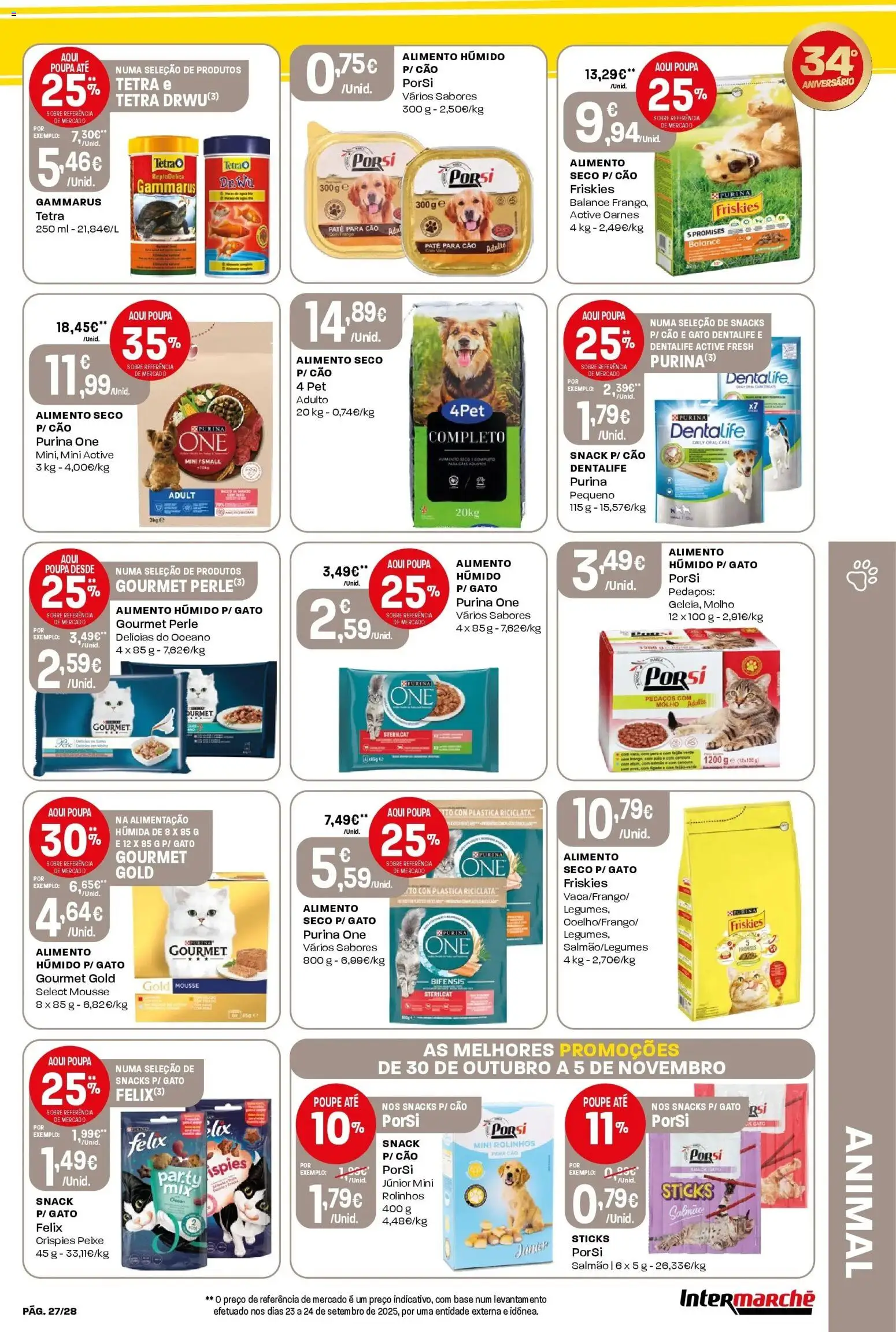 Intermarché - Aniversário à la poupança. » de 30/10/2025 - 05/11/2025 | Página: 27 | Produtos: Purina one, Base, Salmão, Peixe
