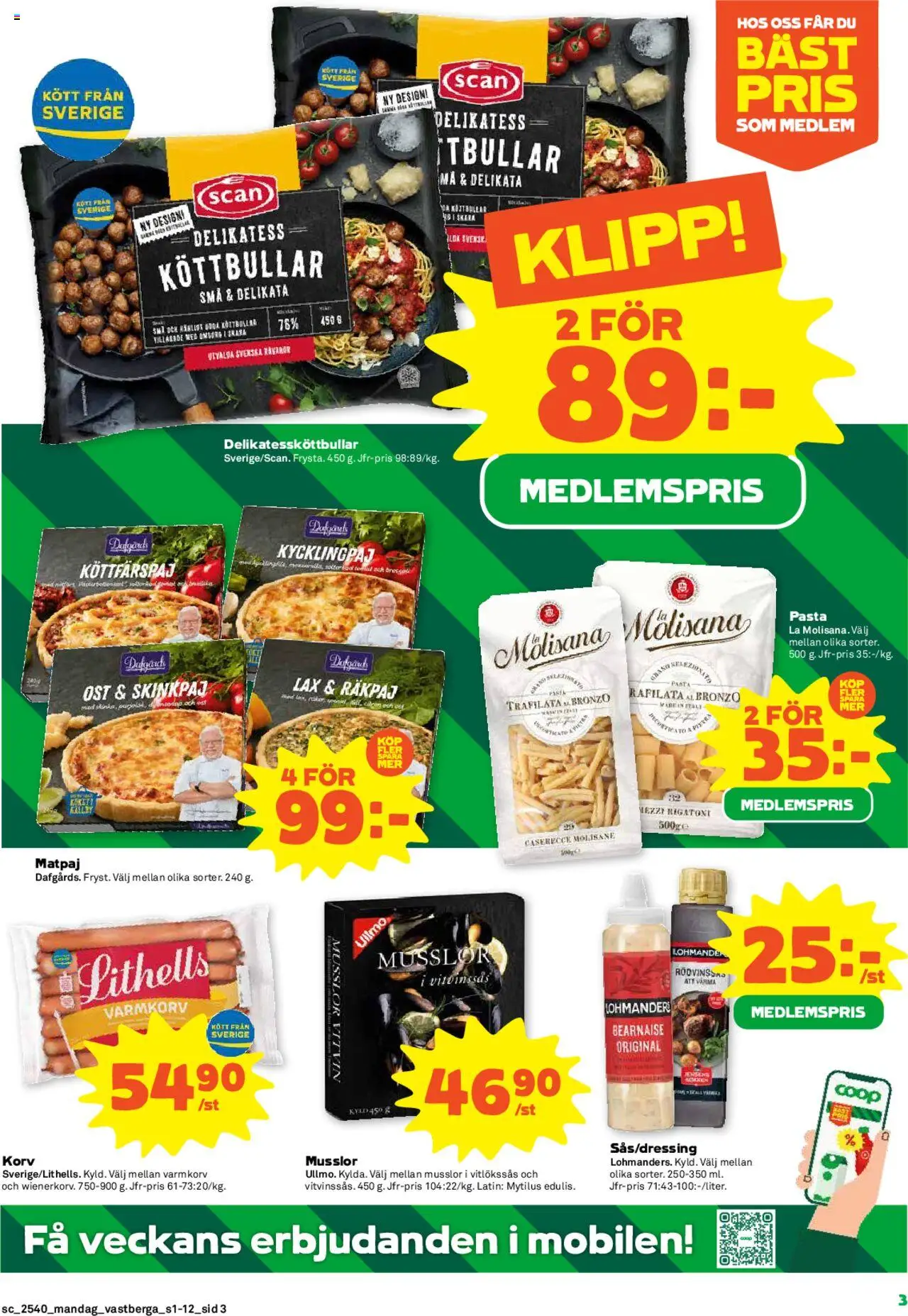 Coop Forum reklamblad aktuell från 29.09.2025 | Sida: 3 | Produkter: Varmkorv, Köttbullar, Ost, Pasta